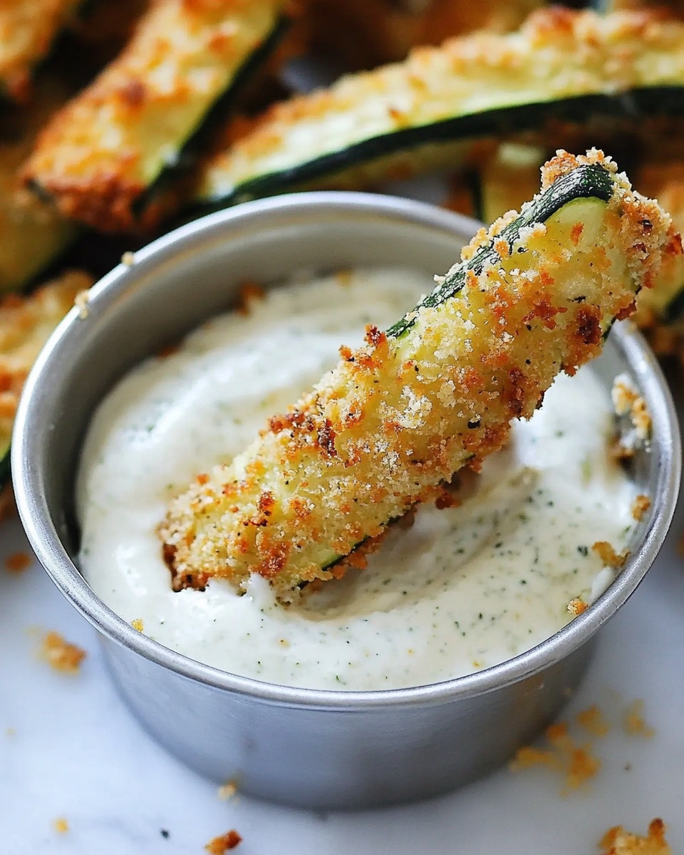 The image shows a white rectangular metal tray lined with parchment paper, filled with crispy, golden-brown zucchini fries. The zucchini fries are cut into long, thin sticks with green skin visible on some edges and are coated in a crunchy breadcrumb layer that looks toasted and slightly uneven in texture. A small round white bowl with a creamy white dipping sauce sits at the top right corner of the tray. The tray is placed on a white marbled surface. Photo taken with an iphone --ar 4:5 --v 6.1