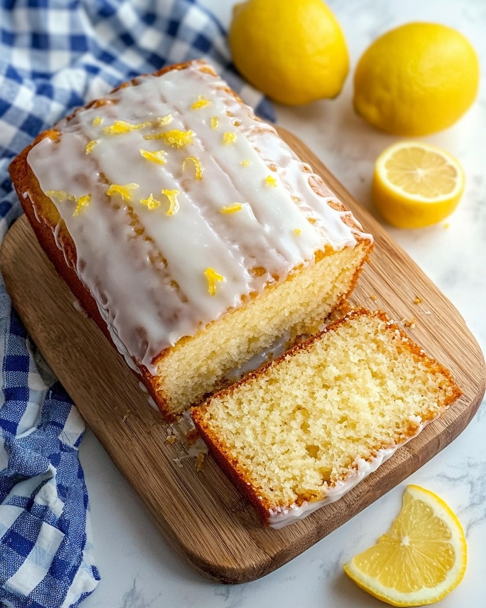 A loaf of pale yellow cake with a slightly crumbly texture sits on a wooden board, topped with a thick layer of glossy white glaze that drips down the sides and pools a little at the base. One thick slice is cut from the loaf, showing the moist, spongy inside, and it rests flat in front of the loaf with more glaze dripping off its edge. Behind, there is a white plate holding another slice of the same cake, and a wedge of lemon leans against the loaf on the left side. The background is a white marbled surface with a white tiled wall behind, and soft natural light highlights the cake’s texture and glaze. Photo taken with an iphone --ar 4:5 --v 6.1