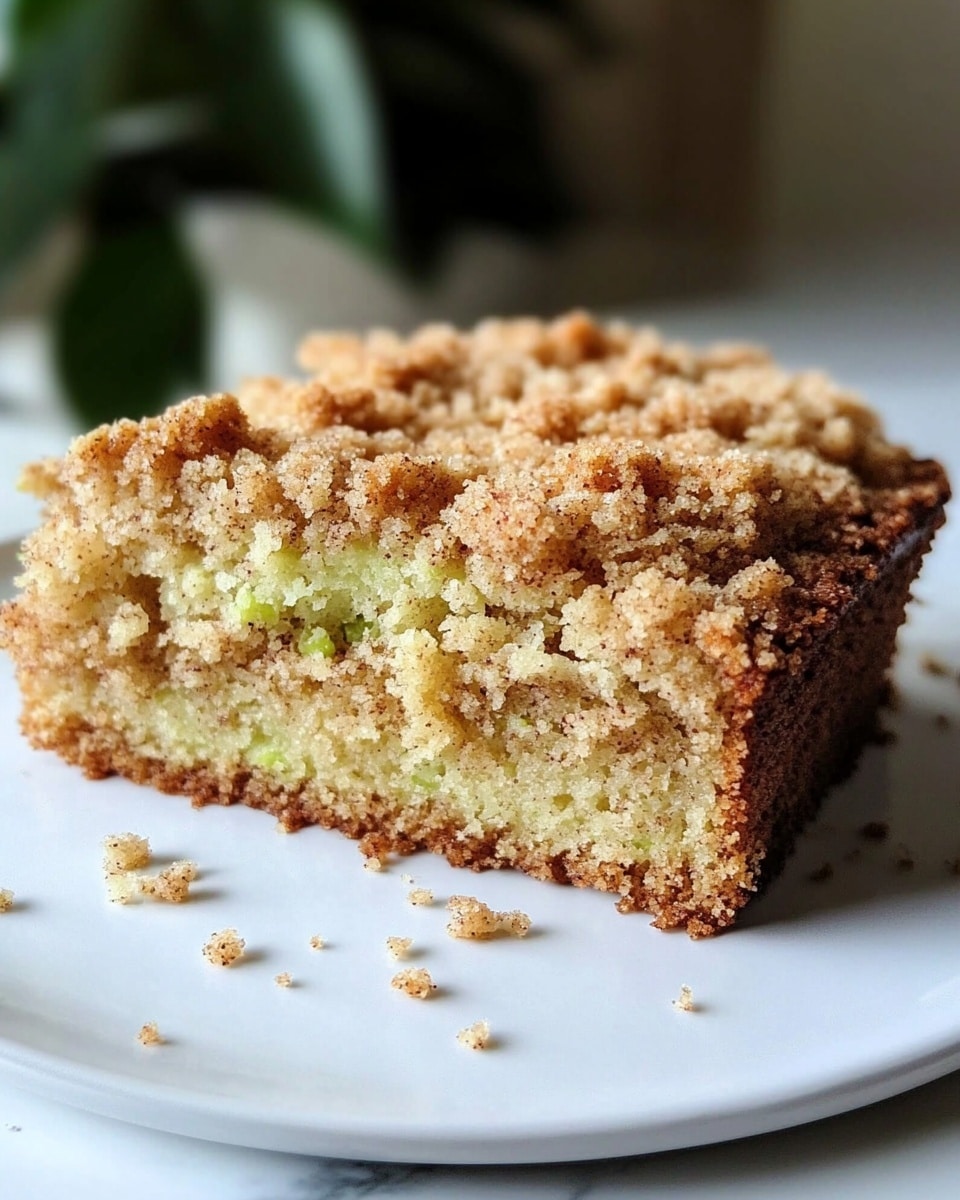 The image shows a thick slice of crumb cake placed on a white plate with a few crumbs scattered around it. The cake has two main layers: the bottom part is light beige with small green specks of zucchini visible inside its soft and moist texture, while the top layer is a thick, golden-brown crumb topping with a crunchy and grainy look. The background shows a blurred green plant, and the surface beneath the plate is a white marbled texture. Photo taken with an iphone --ar 4:5 --v 6.1