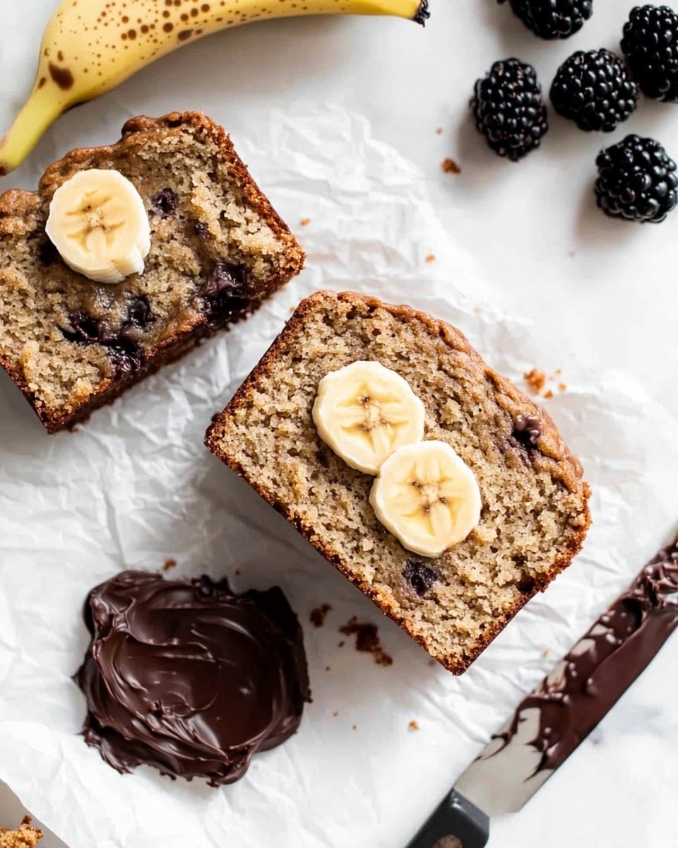 A rectangular white baking pan lined with parchment paper holds an unbaked banana bread batter topped with two halved bananas placed lengthwise side by side on the surface. The batter is light brown and has a smooth texture with some small raised bumps. There is a sprinkling of a cinnamon-sugar mix scattered evenly over the batter and bananas, adding a grainy texture. The pan is set on a white marbled surface. photo taken with an iphone --ar 4:5 --v 6.1