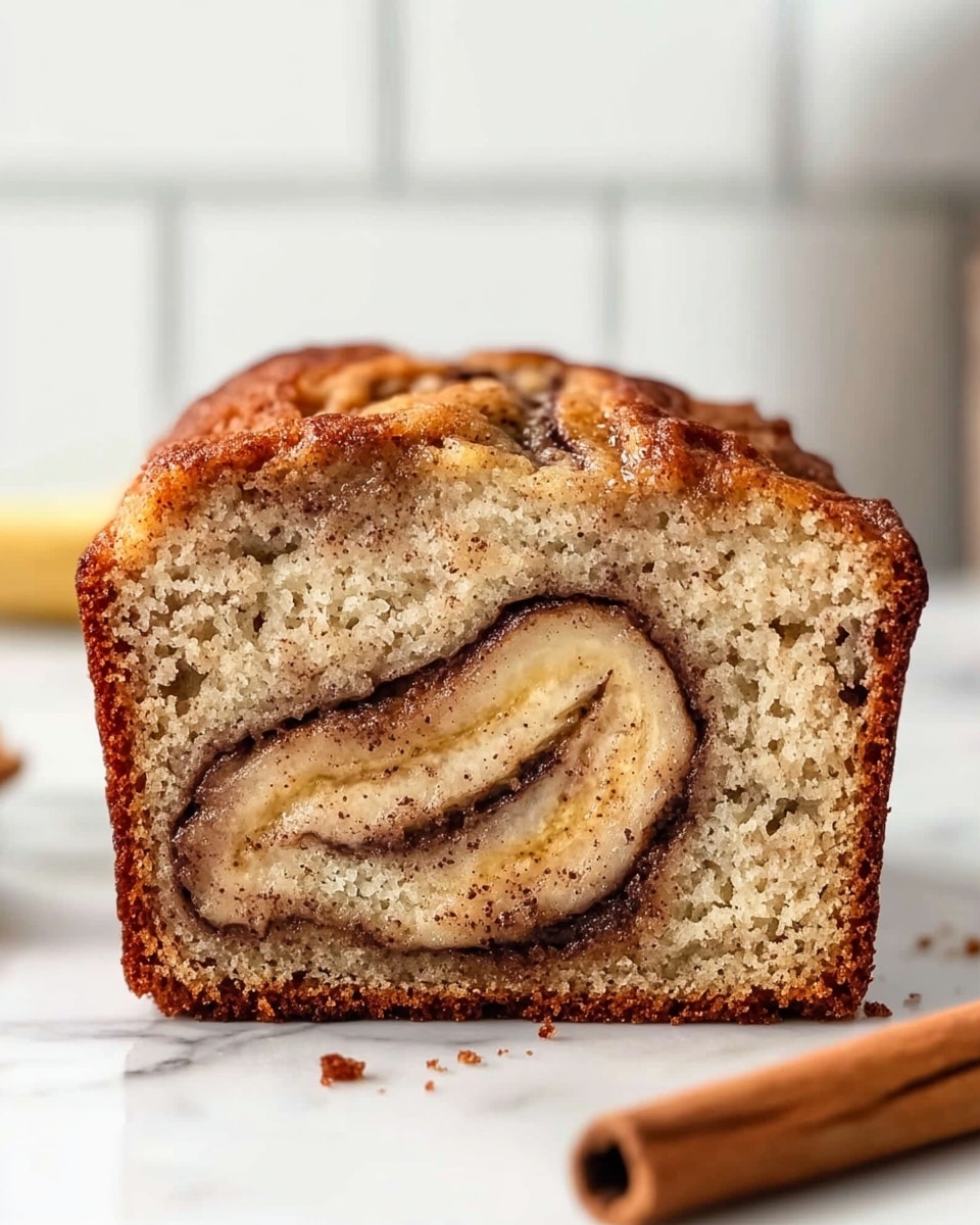 The image shows a thick slice of cinnamon swirl banana bread with a golden-brown crust and a soft, moist inside. The bread has two main layers: a light beige banana bread base mixed with a darker brown cinnamon swirl running through the middle and slightly speckled throughout. The top layer is uneven and rustic with a darker toasted brown color and a few crumbs around the base. The banana bread sits on a flat white marbled surface with a blurred white tiled background and a cinnamon stick visible in the lower right corner. The photo taken with an iphone --ar 4:5 --v 6.1