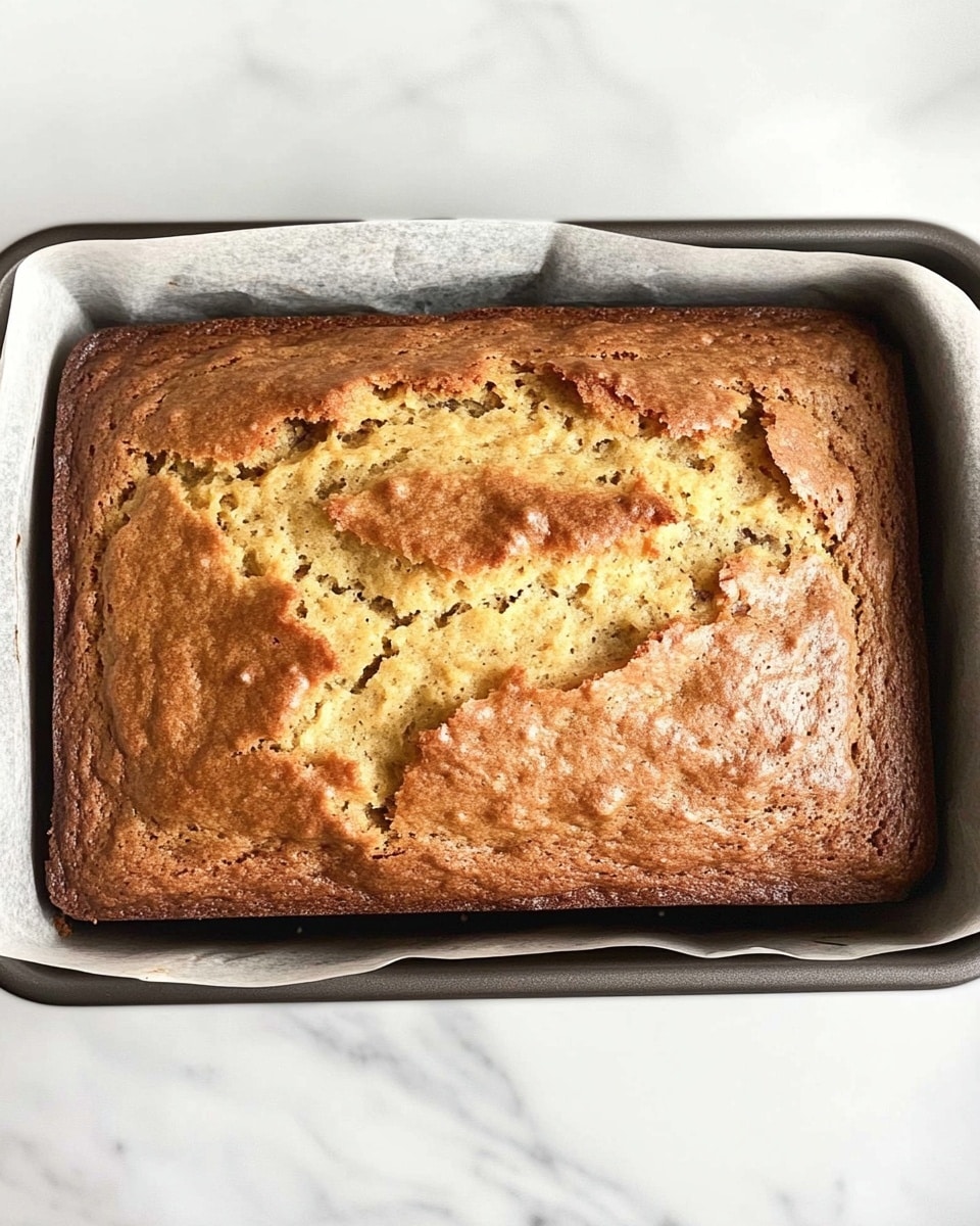 A loaf of golden brown banana bread with a slightly cracked top showing a softer, lighter yellow inside, baked in a rectangular dark metal pan lined with white parchment paper, all placed on a white marbled surface. The bread’s texture looks moist with small air holes and a firm crust. Photo taken with an iphone --ar 4:5 --v 6.1
