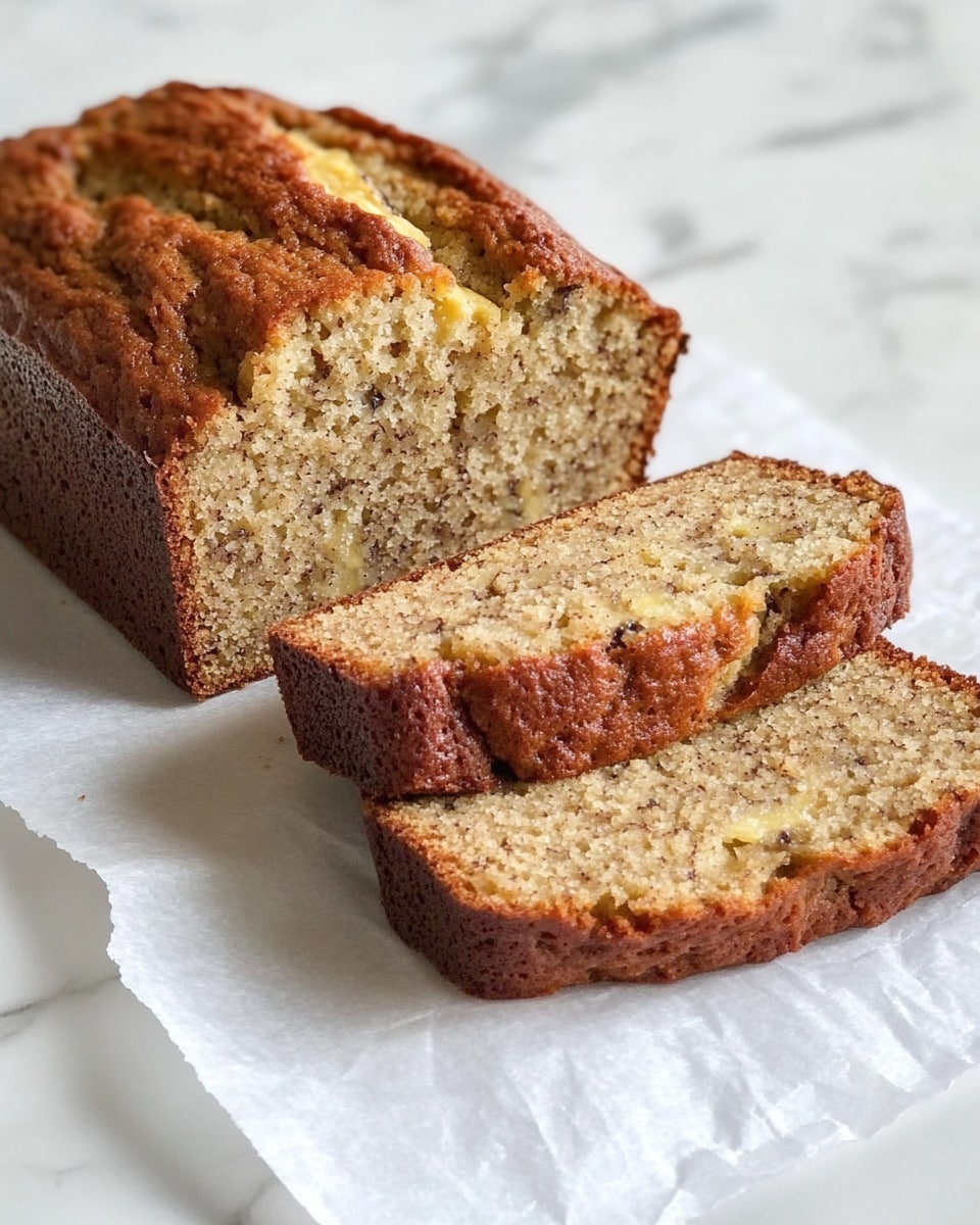 A loaf of golden-brown banana bread rests on crumpled white parchment paper over a white marbled surface. The bread is partially sliced, showing three thick slices leaning against the main loaf, revealing a soft, moist, light-yellow interior with a slightly coarse texture. The crust is darker brown, slightly rough, and appears crisp, contrasting with the tender inside of the bread photo taken with an iphone --ar 4:5 --v 6.1