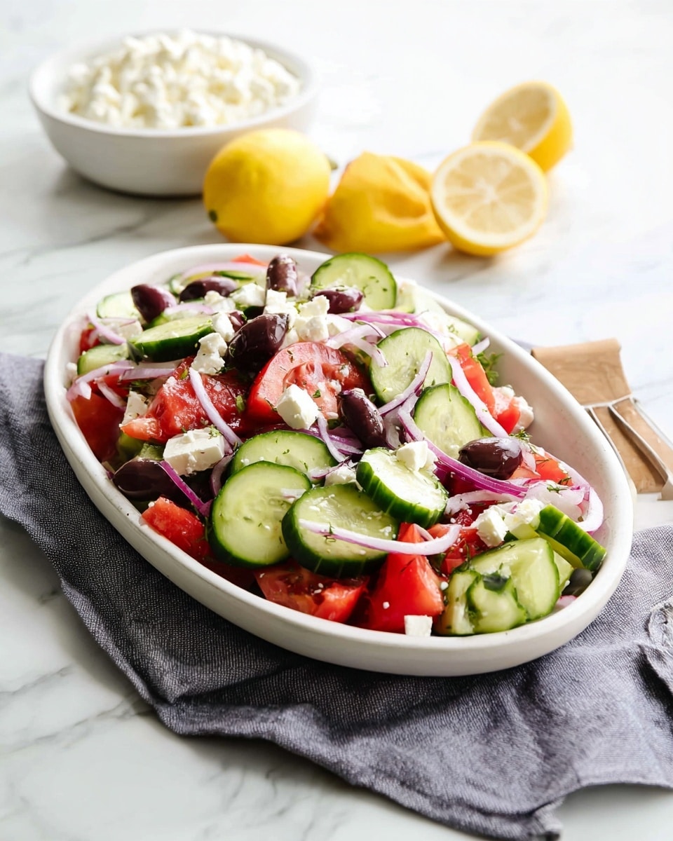 A white oval plate filled with a fresh Greek salad with three visible layers: a bottom layer of thick cucumber slices that are bright green with a smooth, shiny texture; a middle layer of chunky red tomato pieces with juicy, slightly soft edges; and a top layer scattered with thin strips of purple onion, small chunks of white feta cheese, and sliced dark purple olives, all mixed together. The plate is placed on a gray cloth napkin over a white marbled surface. In the background, there is a white bowl filled with more feta cheese and two lemons, one whole and one halved, showing its bright yellow inside. Photo taken with an iphone --ar 4:5 --v 7