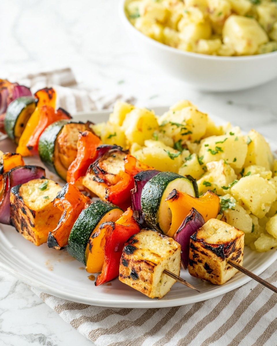 The image shows five grilled skewers arranged on a round white plate with a light marble pattern, placed on a white marbled surface. Each skewer has layers of thick, dark green zucchini slices, red and orange bell pepper pieces, purple-red onion wedges, and chunky cubes of grilled white cheese, all lightly charred and seasoned with herbs. The vegetables and cheese alternate evenly along each wooden skewer, creating a colorful pattern. Next to the plate, on the left side, there is a bowl of yellow potato salad with chopped green onions on top, and black metal tongs rest near the top right edge of the plate. photo taken with an iphone --ar 4:5 --v 7