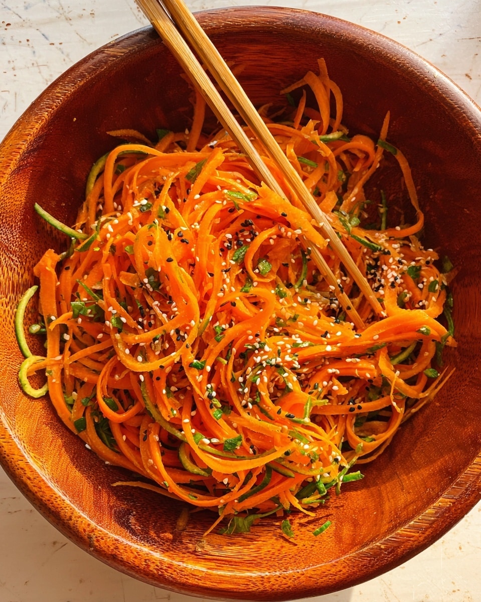 A large wooden bowl filled with a colorful carrot salad made of thin orange carrot strips mixed with some thin green vegetable strips and scattered white and black sesame seeds on top. The carrot strips have a fresh, slightly shiny texture, and small green herb pieces are spread throughout, adding contrast. A pair of wooden chopsticks rests inside the bowl, touching the carrot salad. The bowl sits on a white marbled surface. photo taken with an iphone --ar 4:5 --v 7