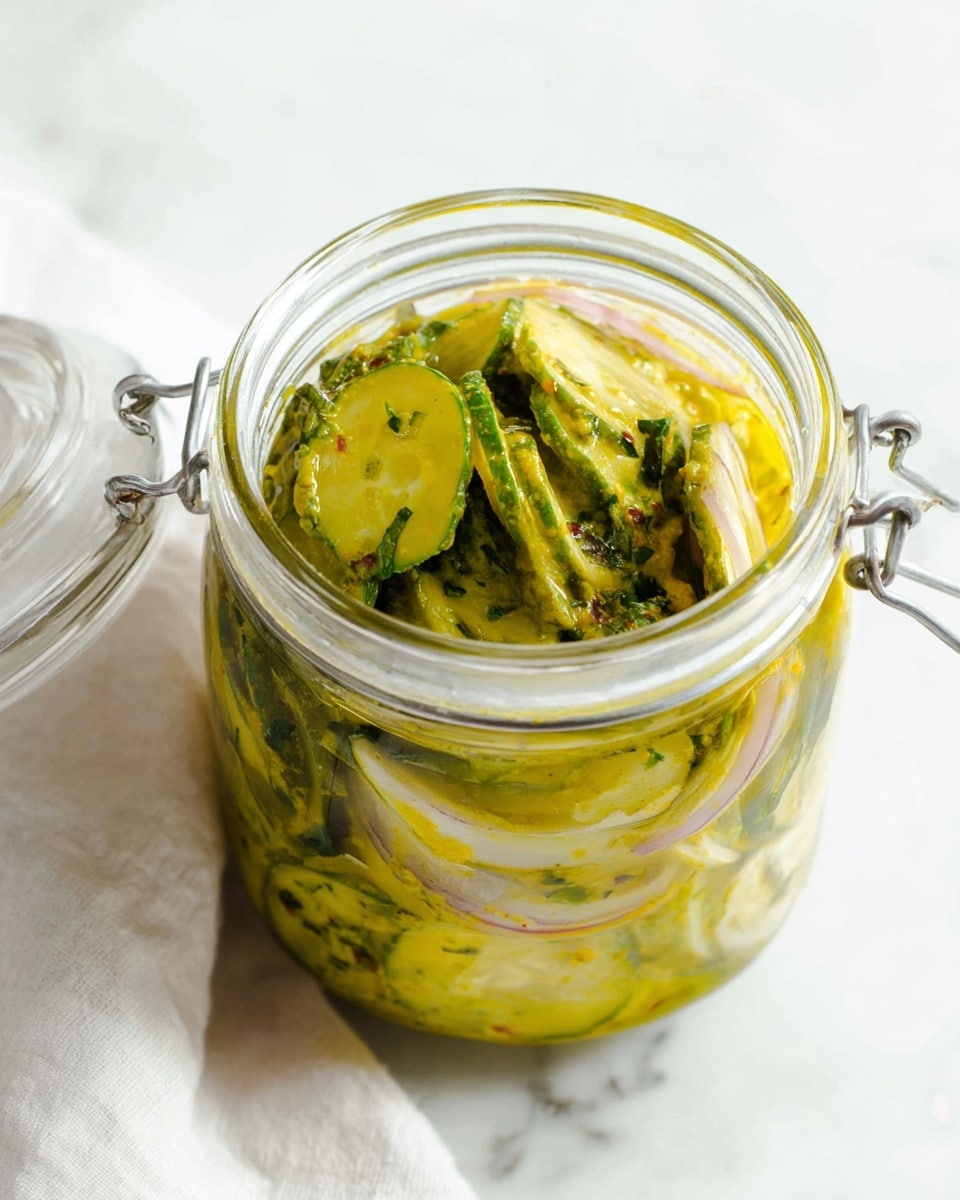 A clear glass jar with a metal clasp is filled with thin green cucumber slices layered in a creamy yellow sauce with small herbs mixed throughout. The jar sits on a round wooden plate, and a pair of light-colored chopsticks rests beside it on the white marbled surface. The creamy sauce texture looks smooth with visible cucumber slices pressed against the glass. The background is a soft grey with a subtle pattern. photo taken with an iphone --ar 4:5 --v 7