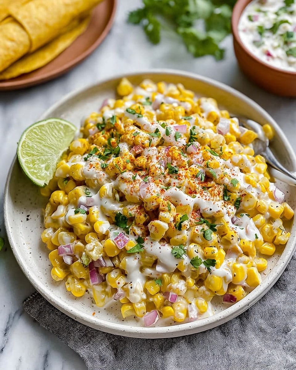 The image shows a white bowl filled with bright yellow corn kernels covered in a white creamy sauce. The corn is sprinkled with green chopped herbs and a dusting of red spice. A wedge of lime sits on the edge of the bowl. The bowl is placed on a white marbled surface with some corn cobs and chips blurred in the background, and photo taken with an iphone --ar 4:5 --v 7