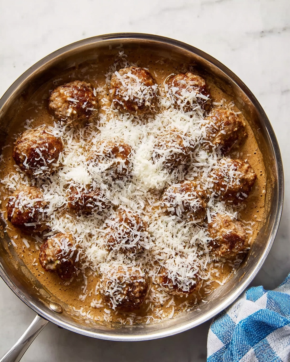 A metal frying pan filled with around twelve browned round meat pieces, covered in a thick light brown sauce with a slightly creamy texture. The meat pieces are topped with a generous amount of finely grated white cheese, sprinkled unevenly across the pan. The pan is placed on a white marbled surface, and a blue and white checkered cloth is partially visible to the right. The colors mainly include golden brown, creamy light brown, and white from the cheese, with a clear metallic shine on the pan's edges. photo taken with an iphone --ar 4:5 --v 7