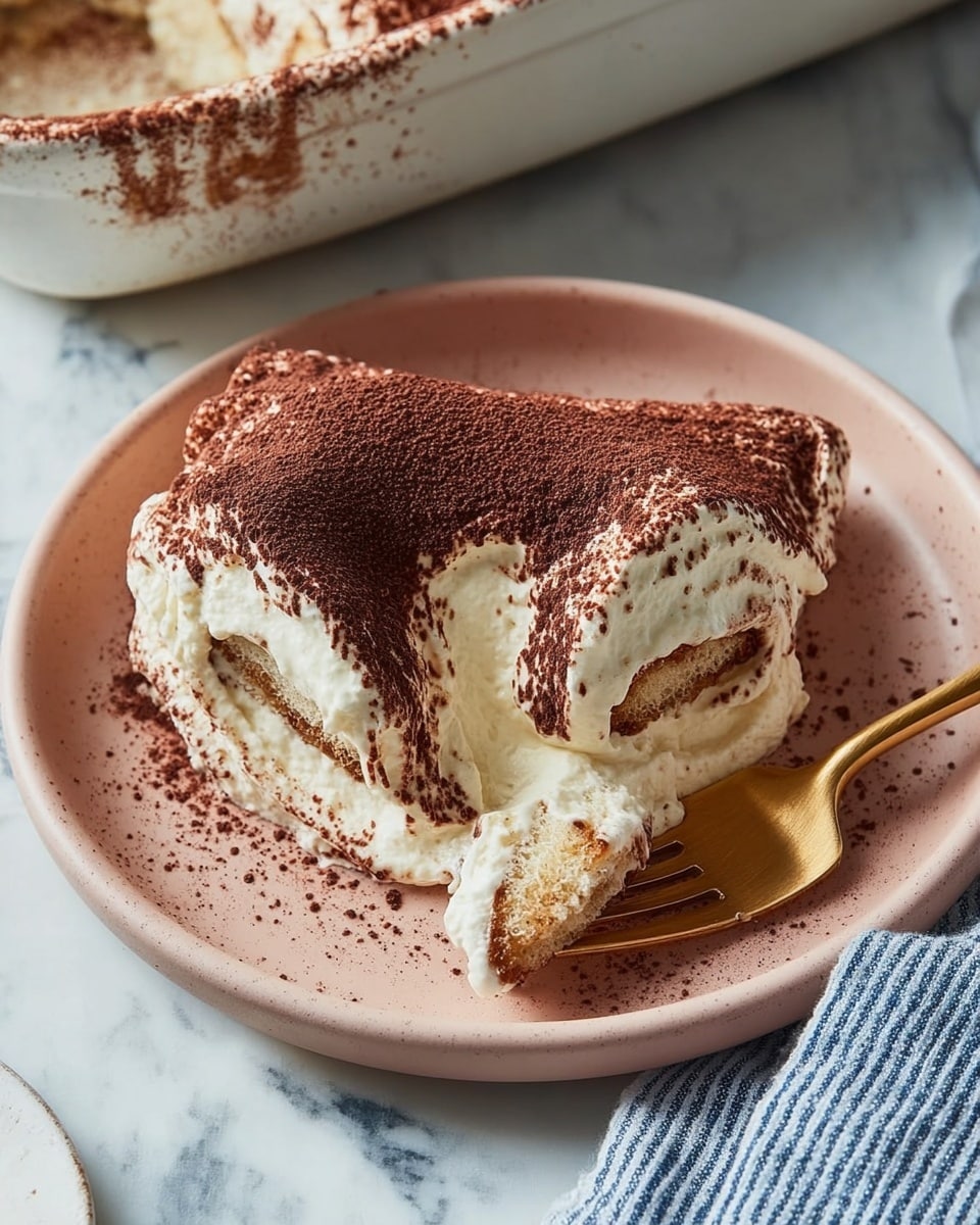 The image shows a white oval dish filled with a layered dessert topped with smooth cream and dusted with cocoa powder in wavy patterns. Inside, there are visible layers of light cream and dark brown soaked cake or biscuit. Next to it, a white plate holds a large scoop of the dessert showing the cream and soaked layers, with a gold fork resting beside it. The setting is on a white marbled surface with a blue and white striped cloth nearby. photo taken with an iphone --ar 4:5 --v 7