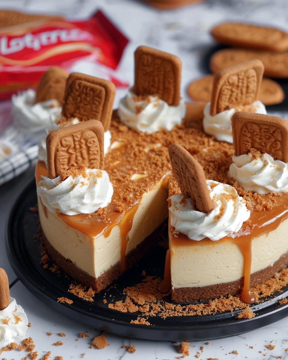 A rich no-bake cheesecake slice sits on a white plate with gold rims, showing three layers: a dark brown crumbly base, a thick creamy beige cheesecake layer, and a top layer of white whipped cream dollops. Each dollop is crowned with a large rectangular brown Lotus Biscoff biscuit that is also scattered in crumbs over the plate and cake. A caramel sauce is drizzled generously over the cheesecake and plate, adding glossy amber streaks. A woman's hand holds a fork with a bite of the cheesecake, adding a sense of ready enjoyment. Behind this, a larger cheesecake with the same layered design and biscuit decorations is placed on a black cake pan on a white marbled surface. photo taken with an iphone --ar 4:5 --v 7