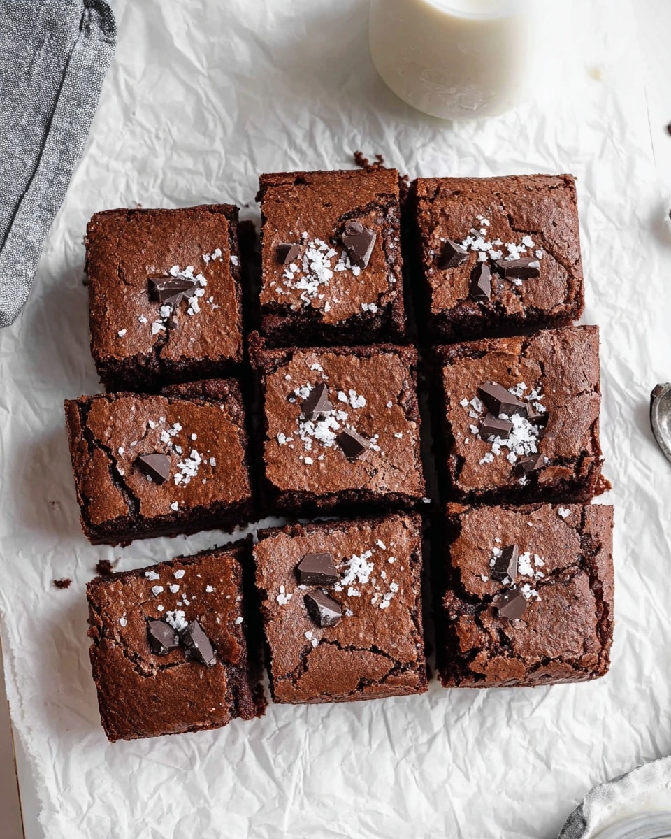A square chocolate brownie cut into four pieces sits on a crumpled white paper over a white marbled surface, topped with scattered white flakes and dark chocolate chunks. One piece is lifted above the rest, showing its dense, moist, and rich dark brown inside with a slightly rough texture on top and a smooth base. In the background, two stacked white cups and a glass jar with a white lid are partially visible, softly blurred. Photo taken with an iphone --ar 4:5 --v 7