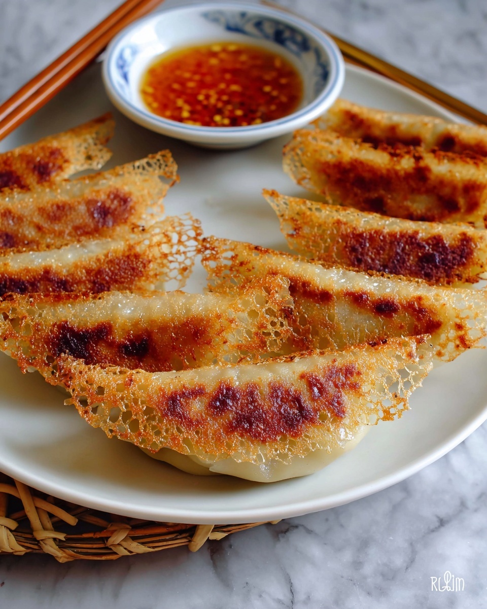 A close-up view of a single golden-brown crispy dumpling held by dark wooden chopsticks, showing a detailed lacy, bubbly, and crunchy skirt on one side with a smooth, shiny, caramelized surface on the other. In the background, a white round plate holds more dumplings arranged in a circle, and a small white bowl with reddish-brown dipping sauce sits near a pair of chopsticks, all set against a white marbled surface. photo taken with an iphone --ar 4:5 --v 7