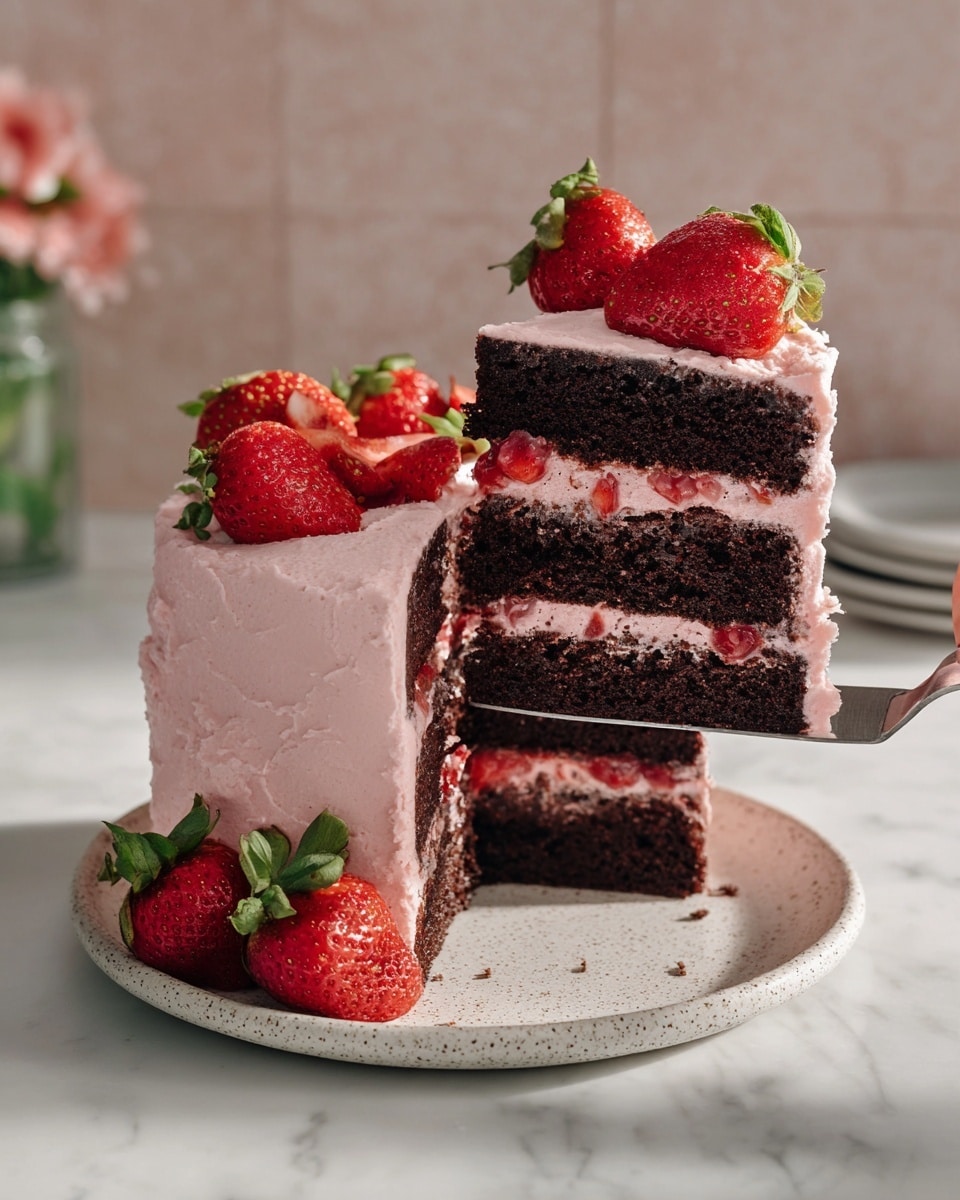 This image shows a slice being lifted from a four-layer chocolate cake covered in light pink frosting. Between each chocolate layer, there is a visible layer of red strawberry jam mixed with small strawberry pieces. The outside of the cake is coated in thick, slightly textured pink frosting with whole fresh strawberries attached to the sides and top. The cake sits on a white speckled plate placed on a white marbled surface. A woman's hand is holding the slice with a metal cake server. Photo taken with an iphone --ar 4:5 --v 7