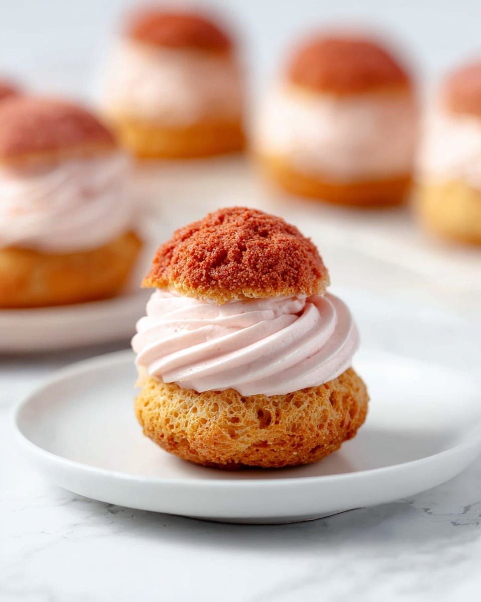 A small round pastry with two layers sits on a white plate on a white marbled surface. The bottom layer is a golden-brown crispy choux bun with a rough texture. A thick swirl of pale pink cream frosting forms the middle layer, smooth and soft in appearance. The top layer is a small, crumbly, reddish-brown choux bun with a textured surface, slightly smaller than the bottom bun, placed above the pink cream. In the background, more of the same pastries can be seen, slightly blurred. photo taken with an iphone --ar 4:5 --v 7