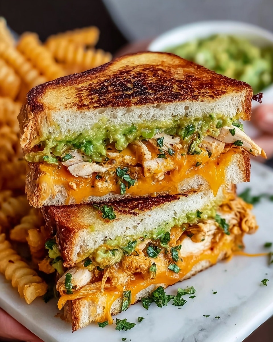 A grilled sandwich cut into two halves stacked on each other, showing three layers of toasted white bread with a golden-brown texture on the outside. Inside layers include melted orange cheddar cheese with a smooth, stretchy look, grilled pieces of light brown chicken with some darker char marks, and a spread of chunky green guacamole with small bits of herbs on top. Fresh chopped green herbs are sprinkled inside and on the sandwich. The sandwich is placed on a white plate with a side of curly golden fries, and a woman's hand is holding the plate in the background. The surface is a white marbled texture. Photo taken with an iphone --ar 4:5 --v 7