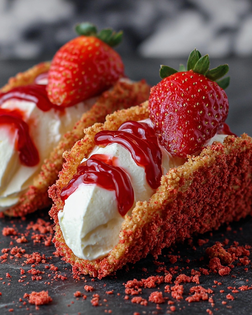 The image shows two small taco-shaped desserts on a white plate, each made from a pink crumbly shell covered with bright red crumbs. Inside each shell is a thick white cream layer, smooth and swirled, filling the taco shape. On top, there is a shiny red strawberry sauce that drips slightly down the cream and shell. A sliced half of a fresh strawberry with green leaves sits at the top edge of the front taco, adding vibrant red and green colors. The background surface is dark but replaced here with a white marbled texture in the description. photo taken with an iphone --ar 4:5 --v 7