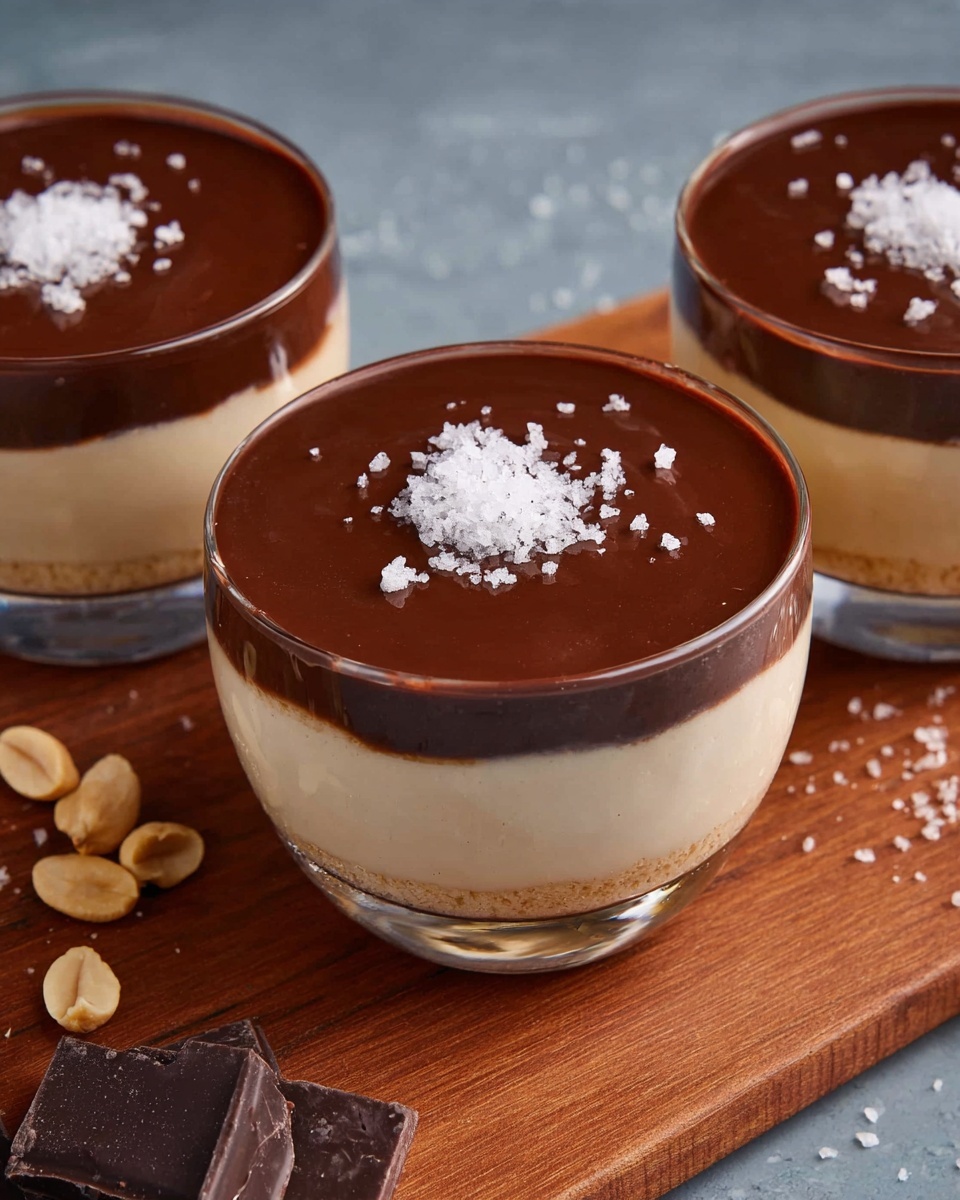 The image shows a clear glass dessert cup with two layers inside. The bottom layer is light brown and creamy, while the top layer is a thick, smooth, dark brown chocolate. On top of the chocolate layer, there are small white salt flakes scattered in the center. The glass cup sits on a wooden board, and around it, there are some whole peanuts and dark brown chocolate pieces placed. The background is a white marbled texture. photo taken with an iphone --ar 4:5 --v 7