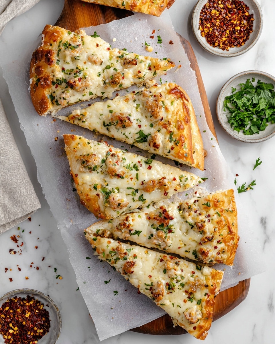 A close-up view of two thick slices of bread pizza on a wooden board with parchment paper, topped with three layers: the base layer shows crispy toasted bread with a golden brown crust, the middle layer is a creamy white sauce mixed with green herbs, and the top layer is melted white cheese with small pieces of cooked chicken or cauliflower and sprinkled green herbs and red chili flakes scattered on top, while a woman's hand is lifting one slice. The background has a white marbled texture. Photo taken with an iphone --ar 4:5 --v 7