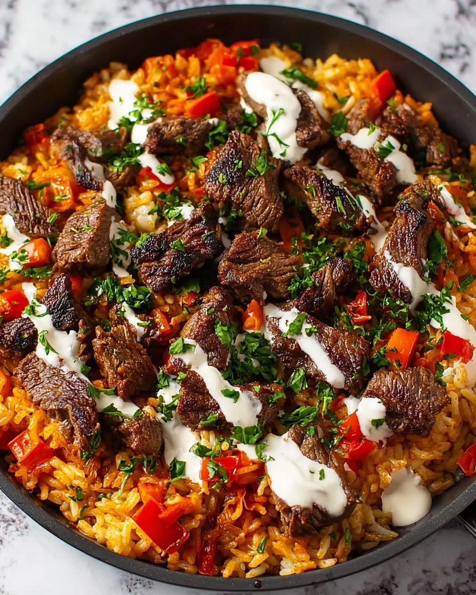 The image shows a close-up of a dish in a black pan on a white marbled surface. At the bottom, there is a layer of cooked rice with a warm orange color mixed with small pieces of diced red bell peppers. On top of the rice, there are many pieces of cooked dark brown beef strips scattered evenly, showing some charred edges. Some white sauce is drizzled over the beef, creating small, irregular streaks. Chopped green herbs are sprinkled generously on top, adding a fresh contrast to the darker colors. The textures look moist and tender, and the whole dish has a warm, hearty feel. photo taken with an iphone --ar 4:5 --v 7