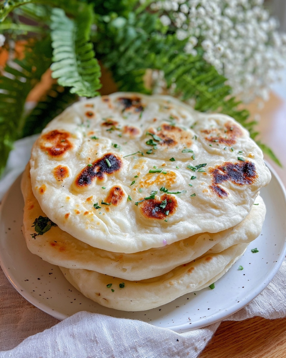 A white bowl with one half filled with fluffy white rice sprinkled with small green herb pieces and the other half filled with rich, brownish-red curry topped with chopped green herbs, beside the bowl is a stack of white naan bread with brown toasted spots on a white plate, a woman's hand is holding a piece of naan dipped in curry showing a thick sauce coating the naan, all set on a white marbled surface with blurred green fern leaves and small white flowers in the background, photo taken with an iphone --ar 4:5 --v 7