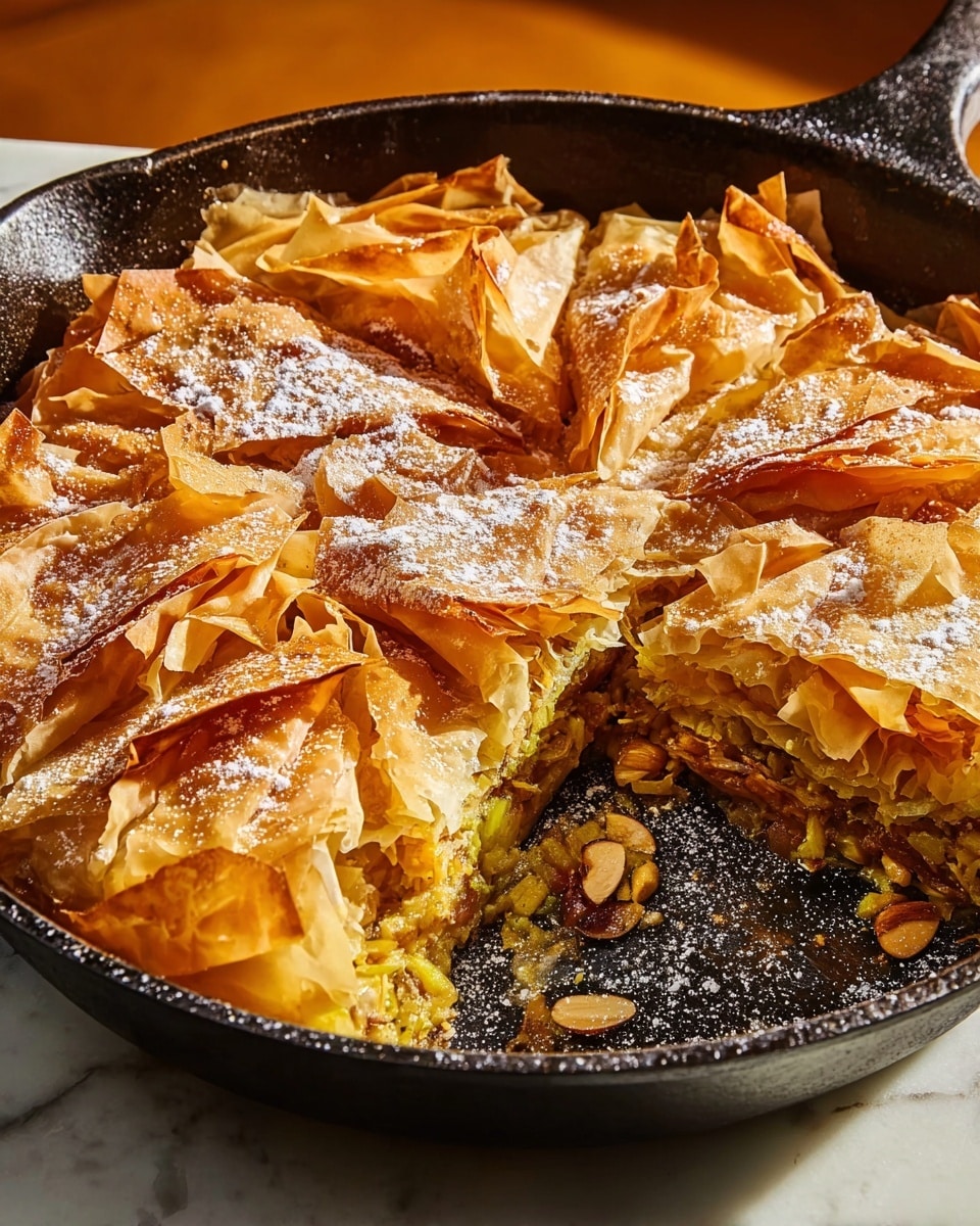A round, flaky pie with a golden brown top layer of crispy, thin pastry sheets sits in a black skillet filled with a visible filling of soft, shredded ingredients that look light brown and tender. On a white plate beside the skillet is a slice of the pie showing three layers: the top thin golden crispy pastry, a thick middle layer of shredded light brown filling, and a bottom layer of slightly darker filling with chunks visible. A golden fork rests on the plate. To the left is a clear glass filled with amber liquid, all placed on a white marbled surface. photo taken with an iphone --ar 4:5 --v 7