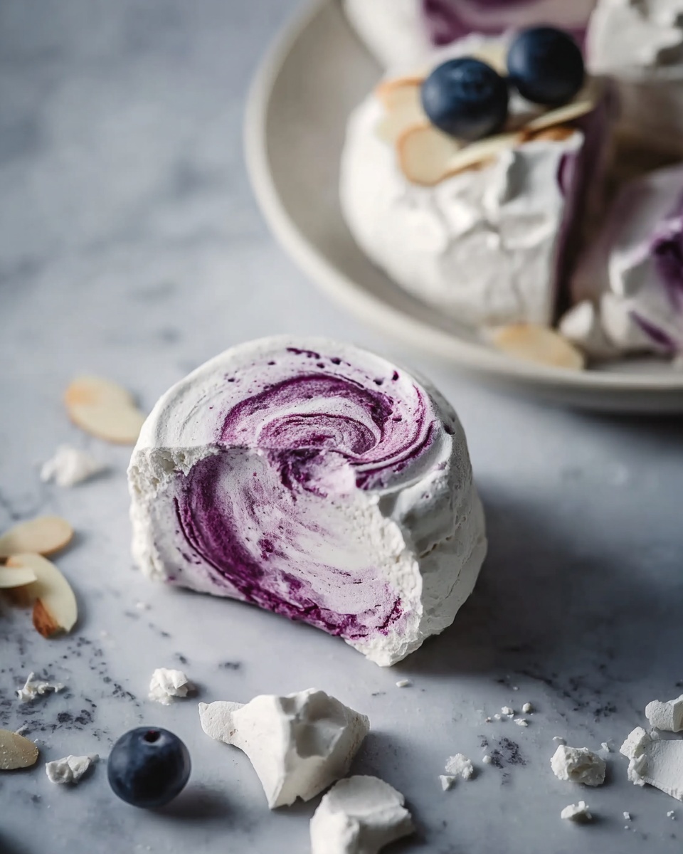 A white plate holds about a dozen small meringue cookies, each with two main layers: the base layer is white with a smooth, slightly rough texture, and the top layer has a deep purple swirl mixed into the white, creating a marbled effect with some curved patterns. Some cookies are topped with thin sliced almonds that add a light beige contrast. Scattered around and between the cookies are fresh blueberries and blackberries, adding dark blue and black round shapes. A silver spoon with dark purple syrup rests on the side of the plate. The plate is placed on a white marbled surface. Photo taken with an iphone --ar 4:5 --v 7