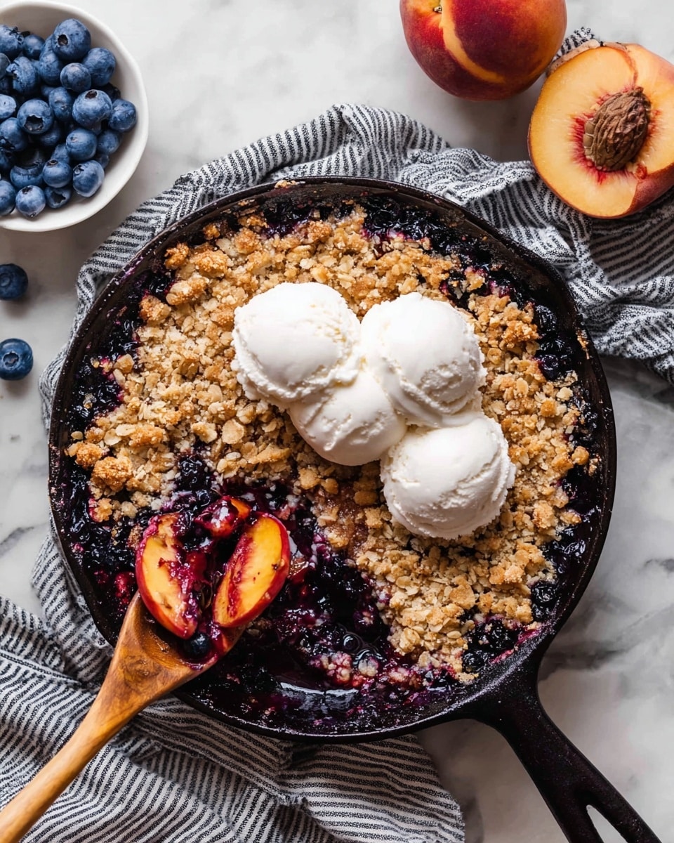 The image shows a black cast iron skillet with a fruit crisp inside. The dish has two main layers: the bottom layer is a mix of dark purple and red cooked fruit with a glossy, juicy texture visible near the missing part on the side, and the top layer is a golden brown crumbly oat topping with a slightly rough texture covering most of the fruit. The skillet is placed on a white marbled surface with a striped cloth under it, and a halved peach is slightly visible in the corner. Photo taken with an iphone --ar 4:5 --v 7