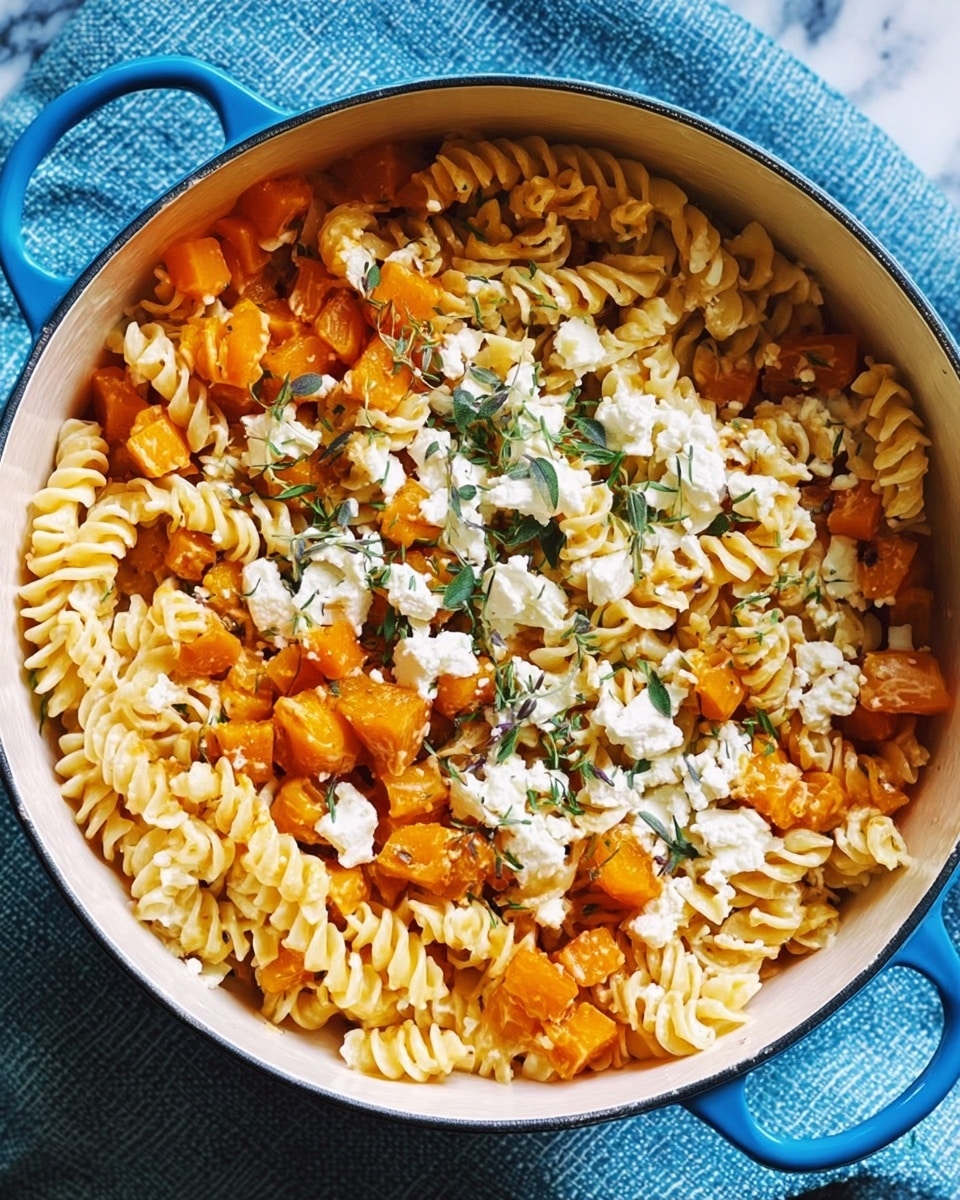 A white bowl holds three layers of food. The bottom layer has light beige spiral pasta, topped with orange chunks of cooked vegetable pieces mixed throughout. Scattered on top are small white cheese bits and green herbs adding light contrast. A woman's hand holds a fork inside the bowl resting on the pasta. The bowl sits on a white marbled surface with a blue cloth nearby. Photo taken with an iphone --ar 4:5 --v 7