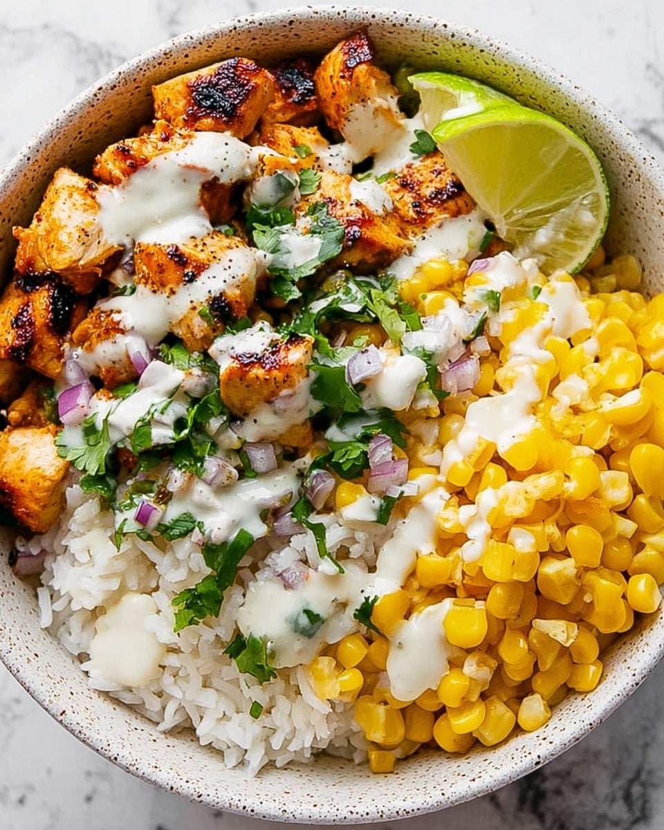 A white bowl filled with four main layers: the bottom layer is soft white rice with visible grain texture, the second layer is bright yellow corn kernels spread evenly over the rice, the third layer is grilled chicken pieces with a golden brown sear and slightly charred edges, scattered over the corn, and the top layer is a drizzle of creamy white sauce with specks of black pepper, parsley leaves sprinkled on top for garnish, and a wedge of lime placed on the side. The bowl is set against a white marbled surface. Photo taken with an iphone --ar 4:5 --v 7