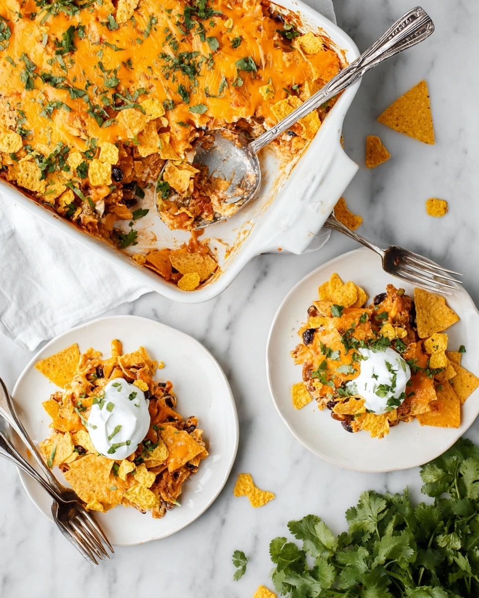 The image shows a baked dish in a large white rectangular casserole dish, filled with a crunchy top layer of melted orange cheese and broken yellow corn chips sprinkled with green herbs, with some of the food scooped out. Two white plates hold servings of the dish, each layered with pieces of corn chips, melted cheese, black beans, and bits of chicken, topped with a dollop of white sour cream and chopped green herbs. Around the plates, few orange corn chips are scattered on a white marbled surface, alongside three silver forks placed near the plates and a bunch of fresh green cilantro leaves on the right side. A large metal serving spoon rests inside the casserole dish. Photo taken with an iphone --ar 4:5 --v 7