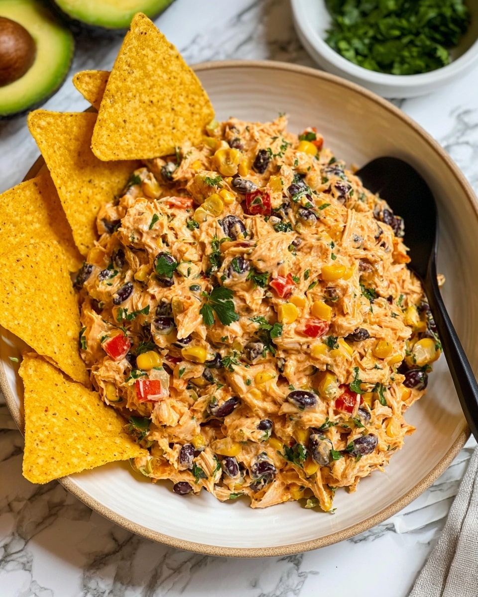 A white bowl filled with a creamy mix of shredded light tan chicken, black beans, yellow corn, red diced bell peppers, and small green herb pieces, giving it a colorful and rich texture. Around the bowl's edge, there are several triangular orange corn chips placed standing up. In the foreground, a woman's hand holds one orange corn chip dipped thickly with the same creamy chicken and bean mixture. The background is a white marbled surface. photo taken with an iphone --ar 4:5 --v 7