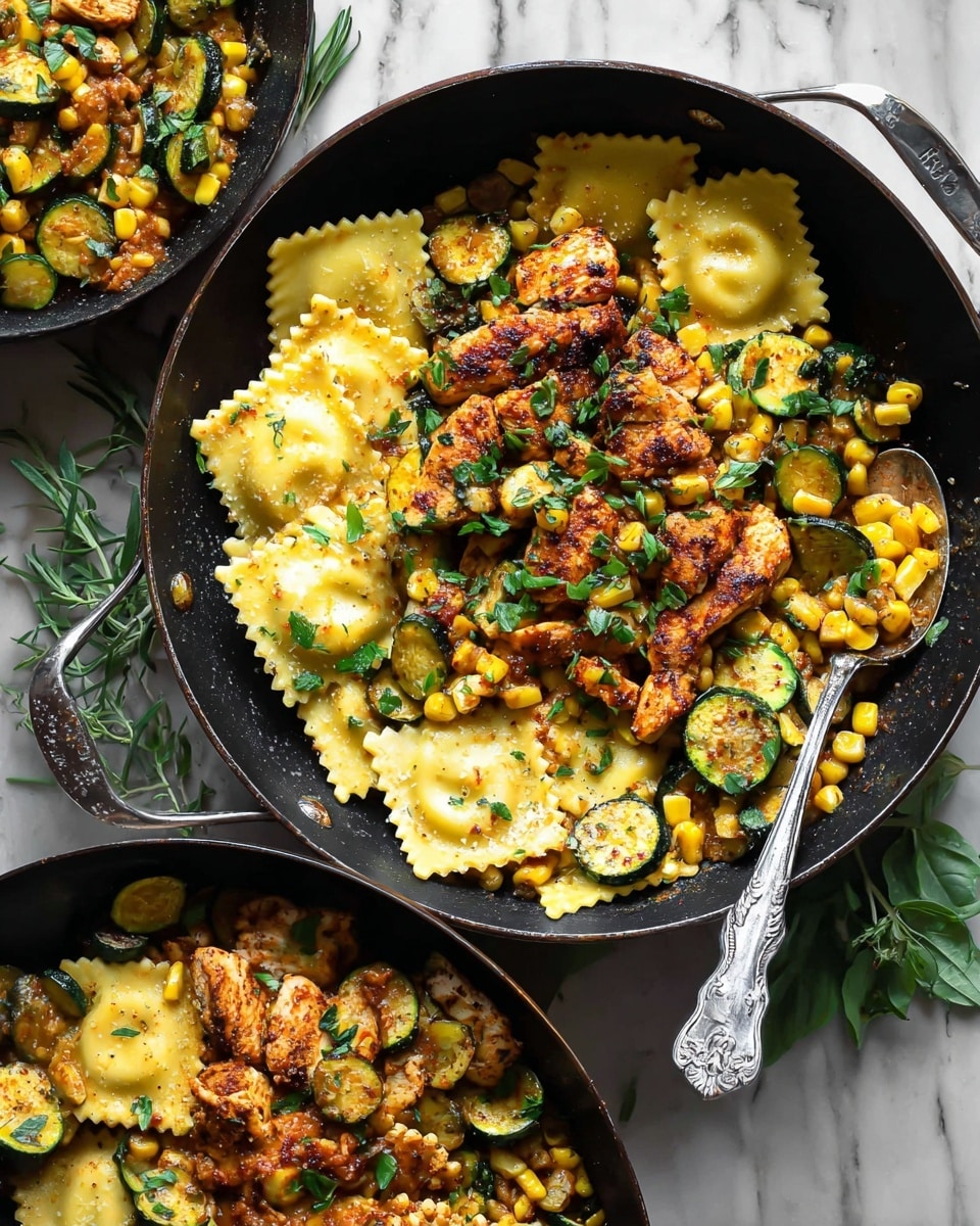 A close-up view of a black cast iron pan filled with a colorful dish that has three main layers. The bottom layer shows large yellow ravioli with a textured edge sitting flat on the pan. On top of these ravioli are slices of grilled zucchini, showing green outside skin and soft pale green inside, mixed unevenly across the dish. Scattered bright yellow corn kernels with some slightly browned parts cover the ravioli and zucchini. The top layer consists of reddish-brown cooked meat strips, placed mainly on one side of the pan, with a slightly crispy and seasoned look. Small bits of green herbs are sprinkled all over the dish for a fresh touch. The pan sits on a white marbled surface with some green leaves and forks around it. photo taken with an iphone --ar 4:5 --v 7