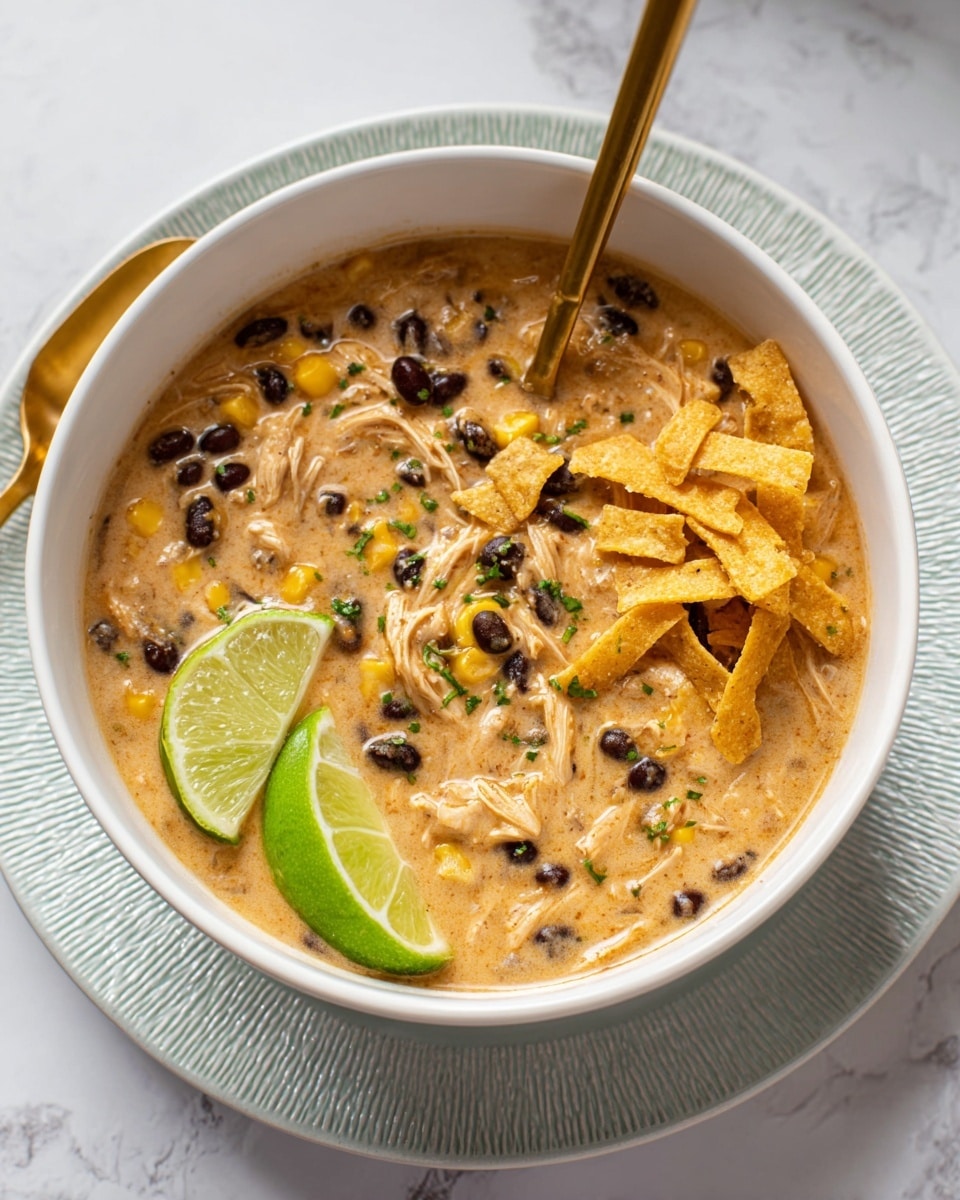 A white bowl filled with a creamy, light brown soup containing visible layers of black beans, yellow corn, and shredded chicken mixed evenly throughout. On top, there is a small pile of crispy golden tortilla strips on the right side and a bright green lime wedge placed on the left side of the bowl. A gold spoon is partially dipped into the soup on the left edge. The bowl sits on a white plate with textured light blue patterns and is placed on a white marbled surface. photo taken with an iphone --ar 4:5 --v 7