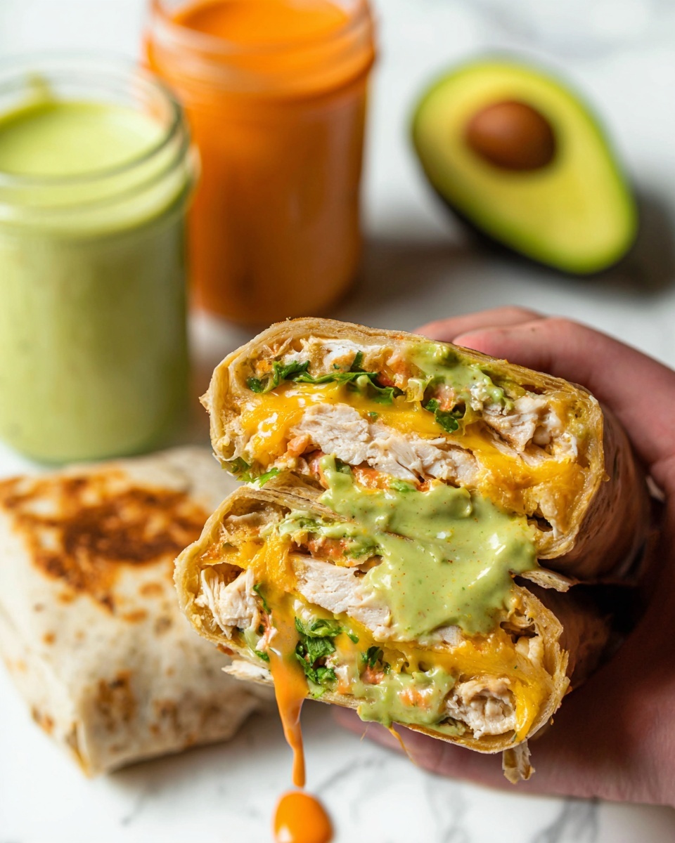 The image shows a burrito cut in half and stacked, placed on a white plate with a white marbled background. The burrito has a golden-brown toasted wrap with a slightly crispy texture. Inside, the layers include a creamy green sauce with chunks of avocado, light orange sauce that is smooth and creamy, shredded chicken that is tender and white, small pieces of red tomato, and shredded yellow cheese. The filling looks rich and mixed, with the sauces oozing out slightly, giving the burrito a fresh and juicy look. Two jars of sauces in green and orange colors are placed blurred in the background, adding color contrast. Photo taken with an iphone --ar 4:5 --v 7