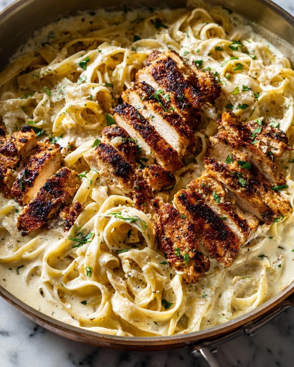 A close-up of a pan filled with sliced grilled chicken and fettuccine pasta in creamy white sauce mixed with green herbs. The chicken is golden brown with charred edges and is cut into thick strips, placed on top and around the pasta. The fettuccine noodles are thick and coated with a smooth sauce, with some sprinkled herbs adding green specks throughout. A pair of tongs with a wooden handle is picking up a bundle of noodles. The pan is set on a white marbled surface. photo taken with an iphone --ar 4:5 --v 7