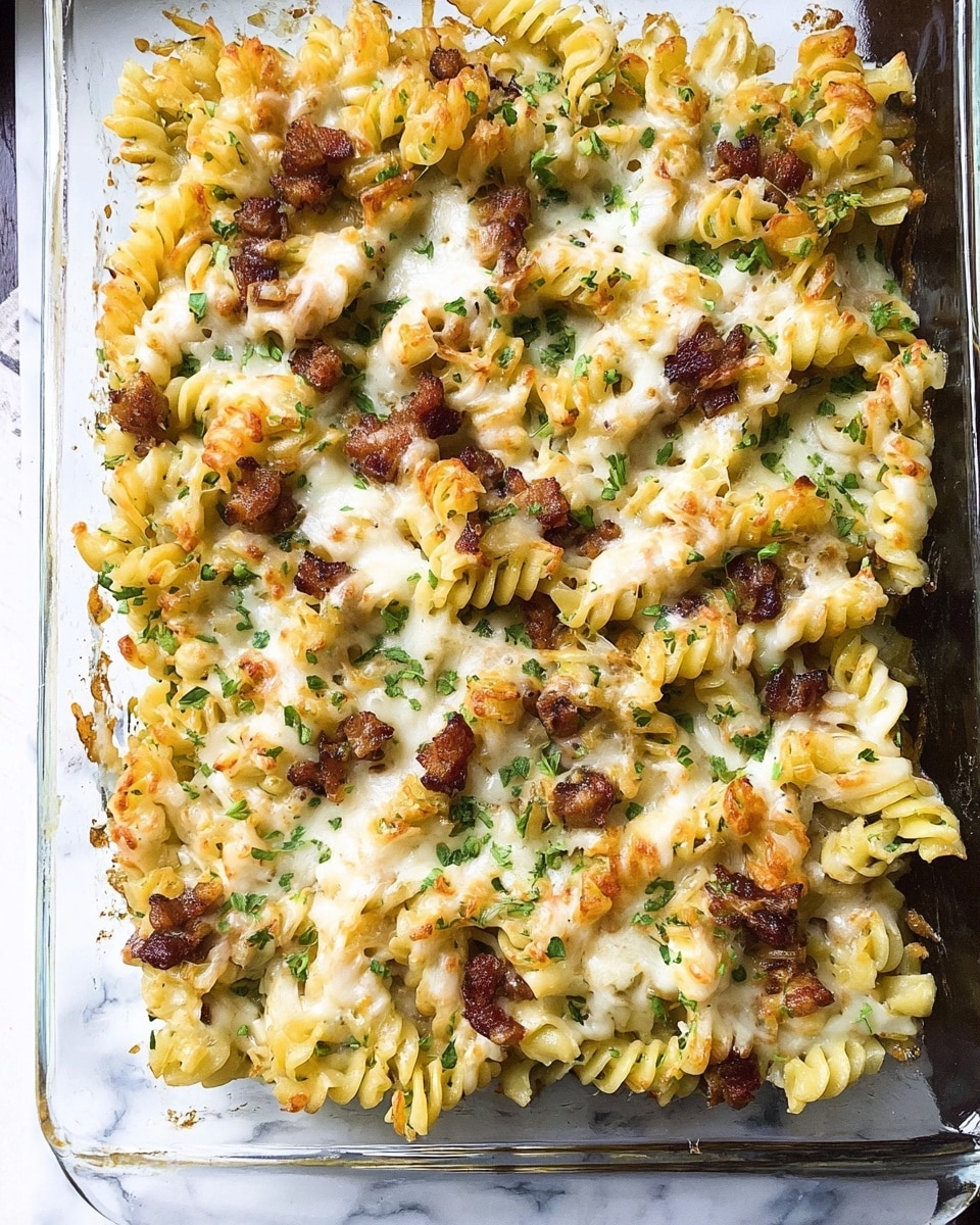 A close-up of a white plate with a serving of rotini pasta baked with melted yellow cheese on top. The dish has visible small pieces of white chicken and browned bacon scattered throughout, mixed with the pasta. There are some green parsley flakes sprinkled on top, adding color contrast. A silver fork rests on the edge of the plate on a white marbled surface. photo taken with an iphone --ar 4:5 --v 7