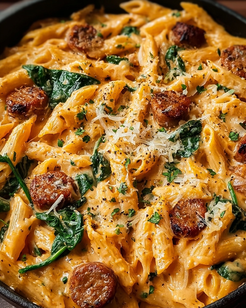 A black pan on a white marbled surface holds a creamy penne pasta dish with three main layers: the bottom layer is penne pasta coated in a smooth, light orange sauce; the middle layer has cooked sausage slices scattered evenly, showing a browned, crispy texture; the top layer includes fresh green spinach leaves mixed throughout and a sprinkle of grated cheese and herbs, adding white and green specks on the surface. The dish looks warm and comforting, with a slight shine from the sauce. Photo taken with an iphone --ar 4:5 --v 7
