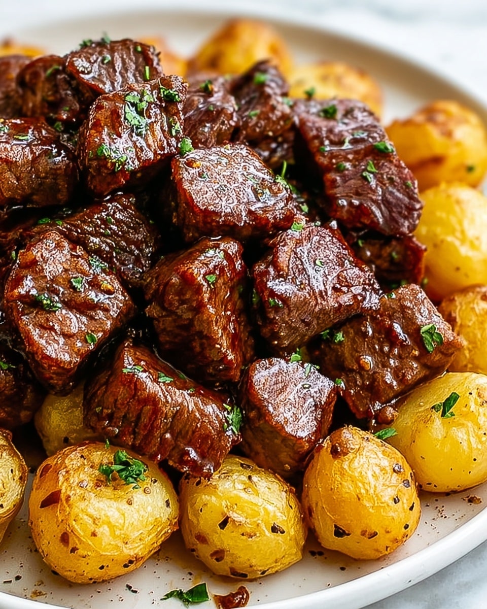 A white plate holds two main layers of food, with the left half filled with small, dark brown, shiny pieces of cooked meat that have a slightly rough texture and tiny green herb bits sprinkled on top. The right half has golden yellow roasted baby potatoes with a few darker browned spots, also sprinkled with green herbs. The plate sits on a white marbled surface, and the lighting highlights the glossy texture of both the meat and potatoes. photo taken with an iphone --ar 4:5 --v 7
