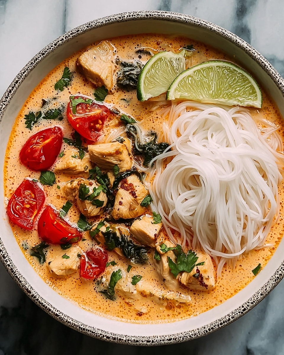 A white bowl filled with creamy orange soup with visible herbs and small red chili pieces, with chunks of grilled chicken showing dark grill marks floating in the soup, a neat mound of white rice noodles placed on one side, topped with fresh green cilantro leaves and a small red chili slice. The bowl is set on a white marbled surface with a lime cut in half nearby. photo taken with an iphone --ar 4:5 --v 7