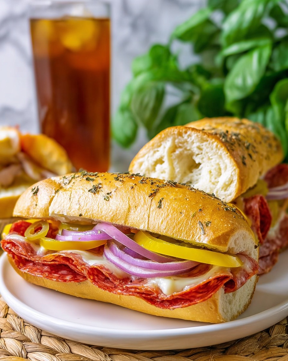 A sandwich with a golden-yellow hoagie roll sprinkled with coarse seasoning on top forms the outer layer. Inside, the bottom layer has several slices of red pepperoni, topped by thinly sliced dark pink salami. Above the meats lies a layer of creamy melted white cheese with a sprinkle of herbs. On top of the cheese, there are diced light green pickled peppers. The sandwich sits on a white marbled surface, and a bite is taken from the top bun, revealing the layers inside clearly. Photo taken with an iphone --ar 4:5 --v 7