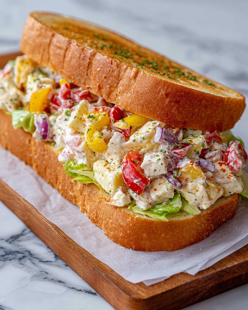The image shows a sandwich with a golden brown, crusty bread roll as the outer layer. Inside, it is filled with a creamy mixture layered with fresh, chopped green lettuce, diced red tomatoes, small white chunks that look like cheese or egg, and tiny bits of onion. The filling is creamy with specks of herbs sprinkled throughout. The sandwich is placed on a white marbled surface, with part of the bread slightly toasted and the filling looking full and fresh photo taken with an iphone --ar 4:5 --v 7