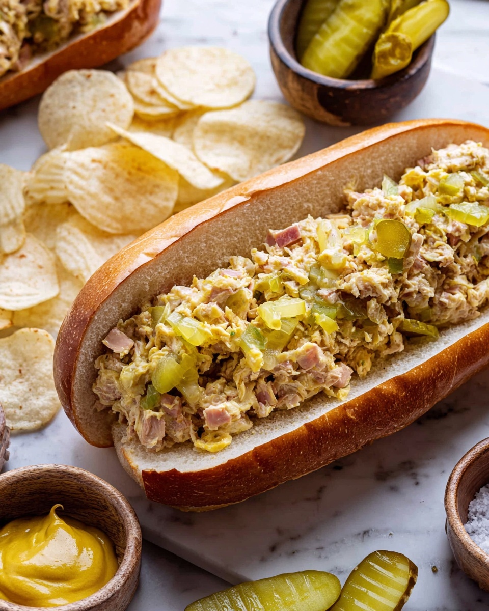 A sandwich with one long white toasted bun holding a thick mixed filling of chopped yellow boiled egg, pink ham pieces, and green pickles all combined with a creamy orange sauce; the sandwich sits on light beige potato chips inside a metal tray that has some pickle slices and a small cup of yellow mustard on the side, all placed on a white marbled surface. Photo taken with an iphone --ar 4:5 --v 7