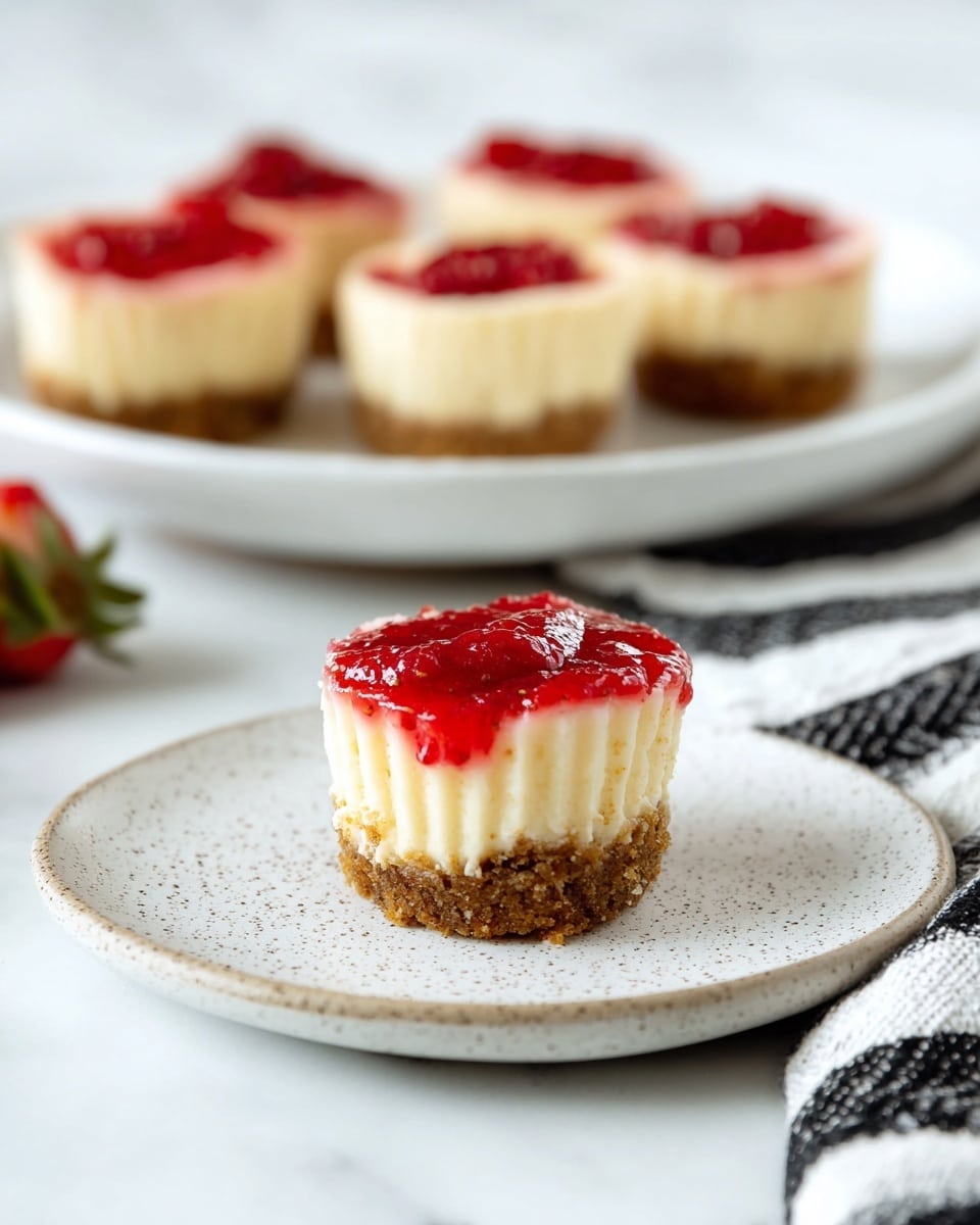 The image shows six mini cheesecakes on a white plate placed on a white marbled surface. Each cheesecake has three layers: a bottom layer of brown crumbly crust, a thick middle layer of creamy pale yellow cheesecake, and a top layer of bright red strawberry topping with visible chunks of fruit. In the background, there is a white cloth with black stripes softly out of focus. The photo taken with an iphone --ar 4:5 --v 7