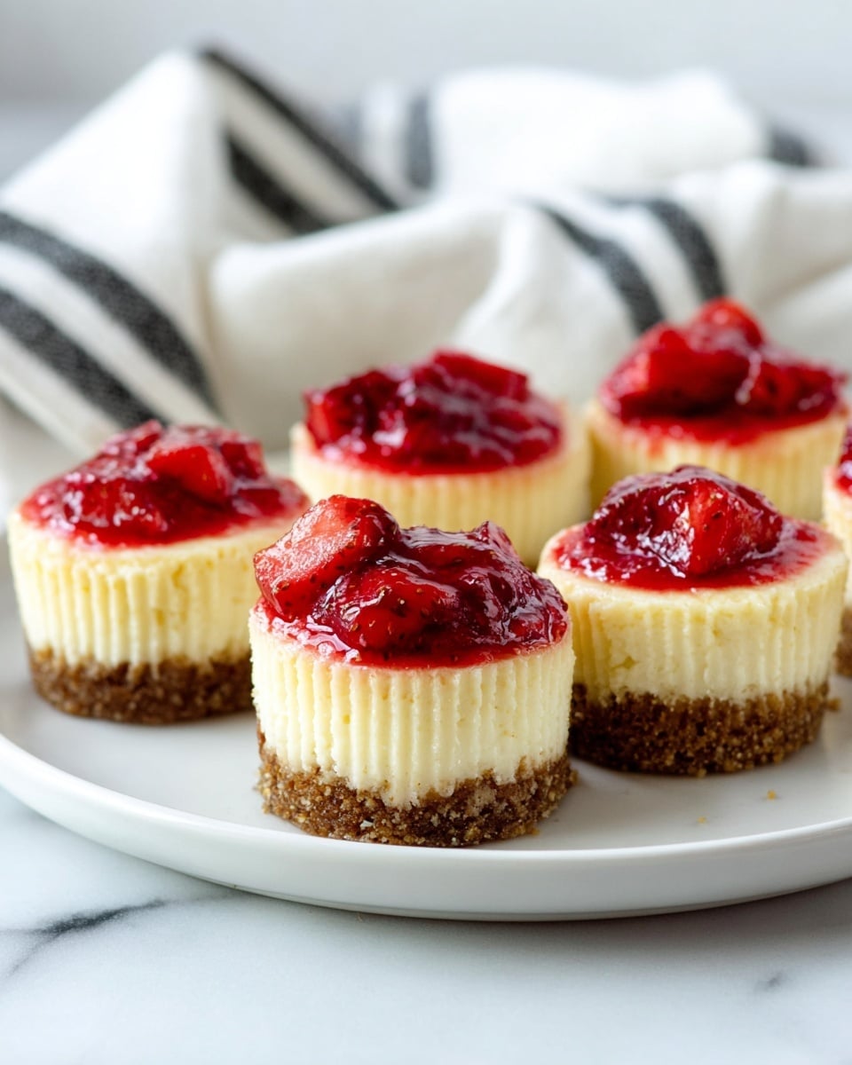 A small cheesecake cupcake with three clear layers sits on a white speckled plate on a white marbled surface; the bottom layer is a crumbly light brown crust, the middle is a thick creamy pale yellow cheesecake layer with visible ridges from the liner, and the top layer is a shiny, bright red strawberry topping with chunks of fruit. In the background, four more identical cheesecakes are arranged on a plain white plate, all placed on the same white marbled surface with a blurred black and white striped cloth in the distant background. photo taken with an iphone --ar 4:5 --v 7