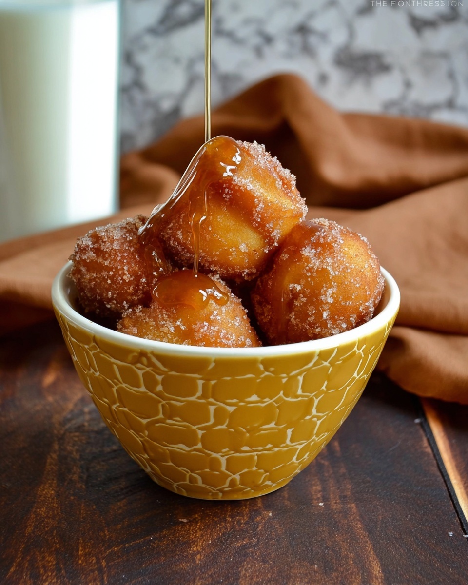 A yellow bowl with a honeycomb pattern is filled with five or six golden brown fried dough balls coated in sugar, with a glossy caramel syrup dripping down from the top ones. The bowl is placed on a dark wooden surface with a white marbled texture background. In the background, there is a tall glass of milk and blurred soft brown cloths. photo taken with an iphone --ar 4:5 --v 7