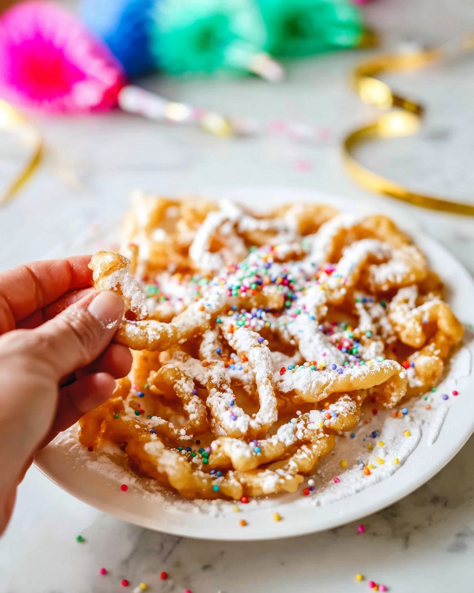 A woman's hand is holding a light golden, curly funnel cake piece covered with white powdered sugar and colorful small round sprinkles. The main funnel cake on a white plate is a complex, intertwined network of crispy, fried dough with uneven shapes, topped generously with white powdered sugar and scattered multicolored sprinkles. The plate is placed on a white marbled surface, and there are some colorful sprinkles around it. The background has a soft focus with colorful party blowers in blue, pink, green, and gold. Photo taken with an iphone --ar 4:5 --v 7