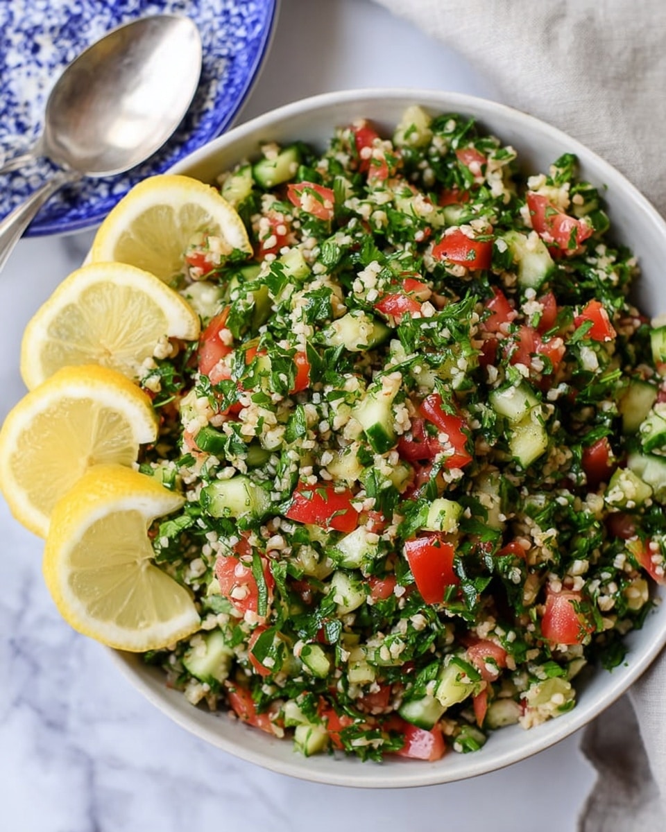 A close-up view of a fresh salad showing a mix of finely chopped red tomatoes, green cucumbers, and lots of green parsley leaves, all mixed with small grains of bulgur. The colors are bright and fresh with red, green, and light brown tones spread evenly. The salad has a moist texture with visible small bits of onion and stems, sitting in a white bowl with a smooth texture, placed on a white marbled surface. Photo taken with an iphone --ar 4:5 --v 7