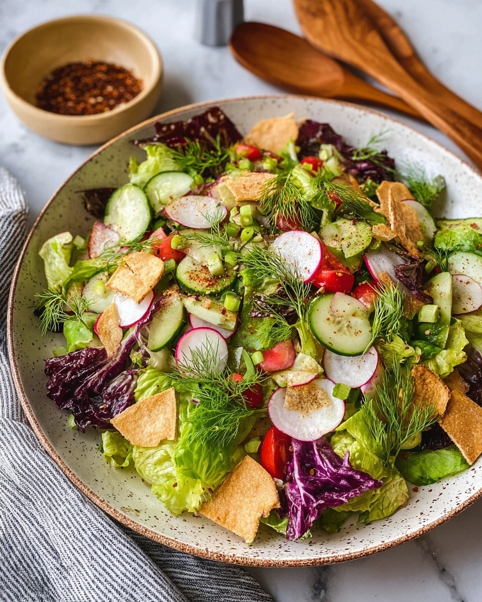 A large beige bowl filled with a fresh salad showing multiple layers: at the bottom, bright green and purple lettuce leaves mix with slices of cucumber and radish with red edges and white centers; on top, small red tomato pieces add a pop of color. Scattered throughout are crispy light brown pita chips, while sprigs of fresh green herbs like dill and mint decorate the salad. The bowl is placed on a white marbled surface with a dark linen napkin holding metal forks to the side, and a small blue bowl filled with a reddish powder is nearby. Photo taken with an iphone --ar 4:5 --v 7
