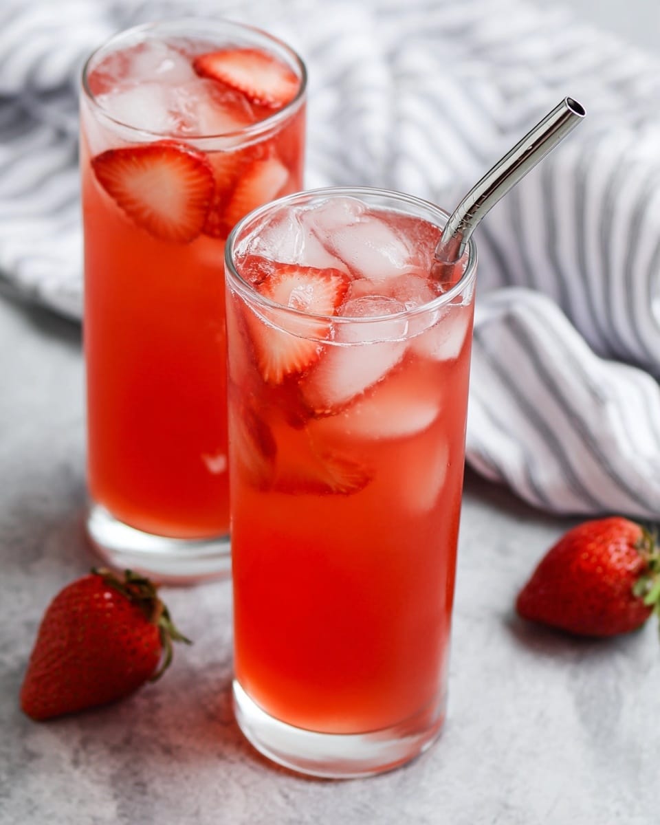 A clear tall glass filled with several ice cubes and three bright red strawberry slices floating inside. A light red liquid is being poured into the glass from a clear pitcher, with some ice cubes still visible in the pitcher. The scene is set on a white marbled surface with a gray and white striped cloth in the background. The colors are fresh and bright, showing the refreshing drink in detail. Photo taken with an iphone --ar 4:5 --v 7